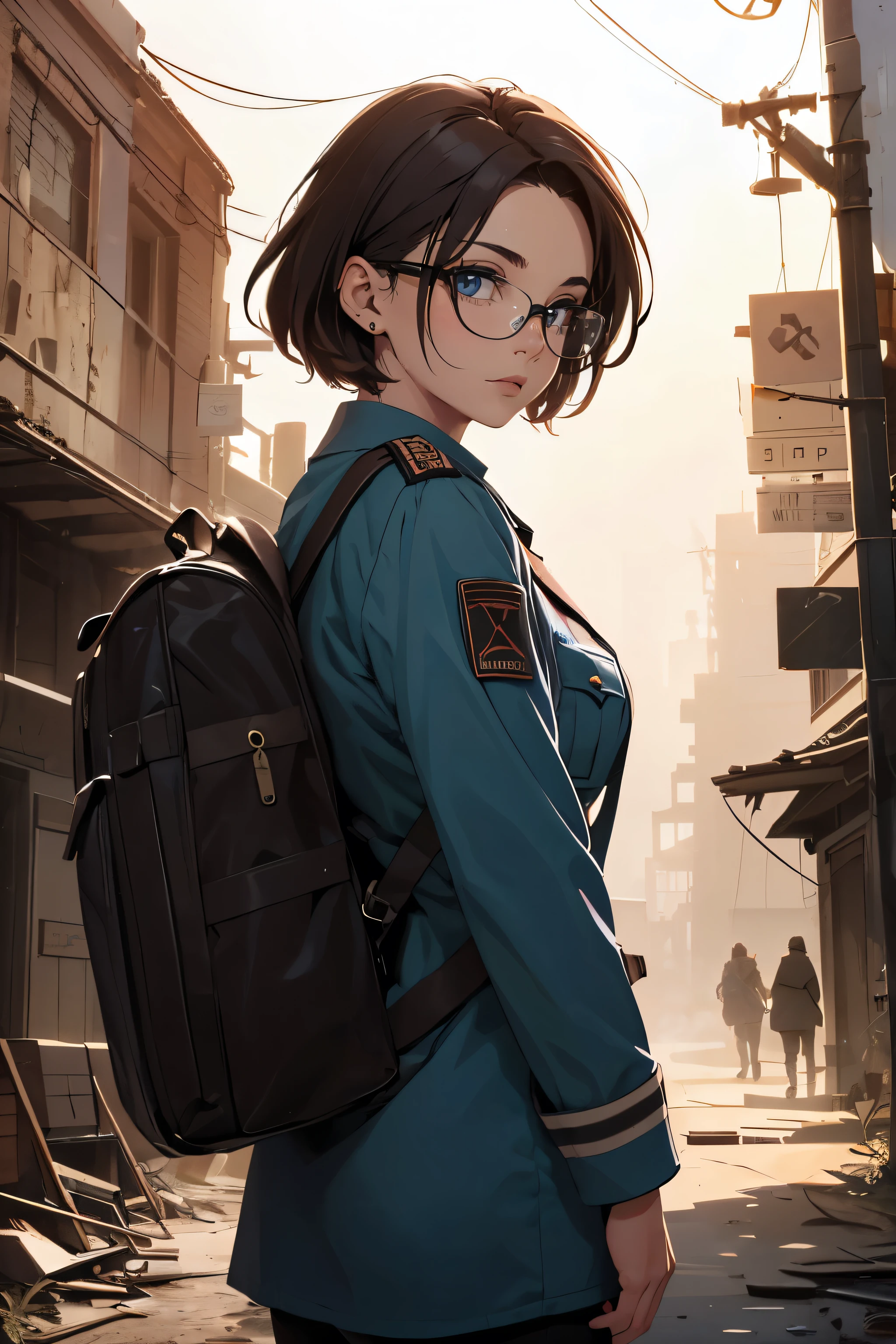 Wide angle, a pretty girl messenger, wearing large glasses, undercut hair, wearing postal uniform, in a post-apocalyptic world