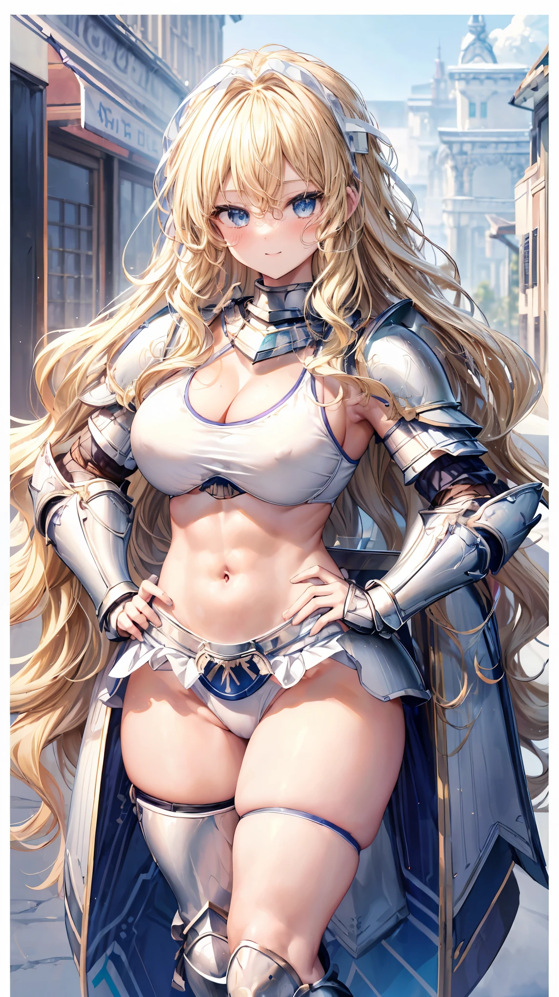 Very detailed、highest quality、Best image quality、masterpiece、8k、Anime Face、A kind smile、Open your mouth、Sparkling blue eyes、(Blonde wavy hair:1.5)、、Muscles of the whole body、Hands on hips、camisole、Thigh belt、mini skirt、(Wearing white bikini armor:1.5)、Cowboy Shot、(Leg armor:1.5)