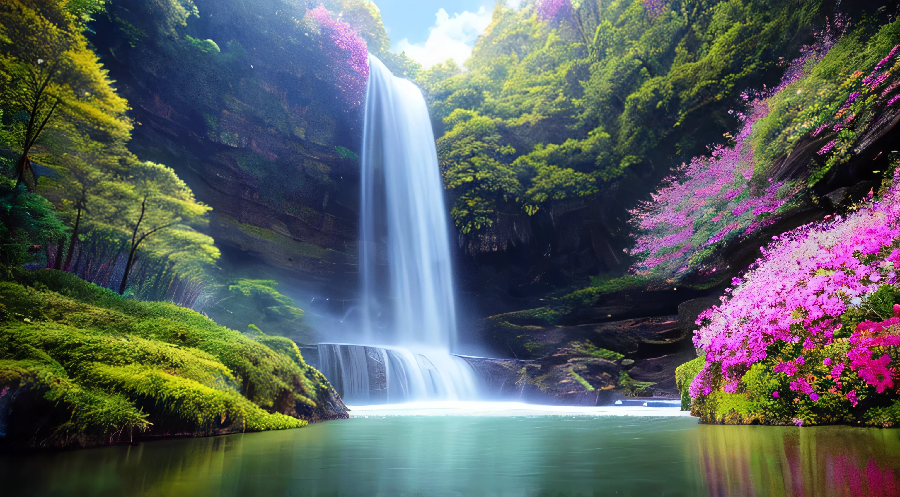 Tabletop, 最high quality, high quality, Very detailed 8k wallpaper of CG unit, Fascinating and dreamy scenes of the forest of illusions, Tall Tree々is overgrown with, Mountain landscape, waterfall, Mysterious and fascinating, Artistic Station, digital illustration, Complex, tendency, pastel colour, Oil, Award-winning photo, Written boundary depth,  flower, chromatic aberration, Realistic, Very detailed, Art Station&#39;s Tendency, cgsociety tendency, Complex, Attention to detail, dramatic, Art on the go