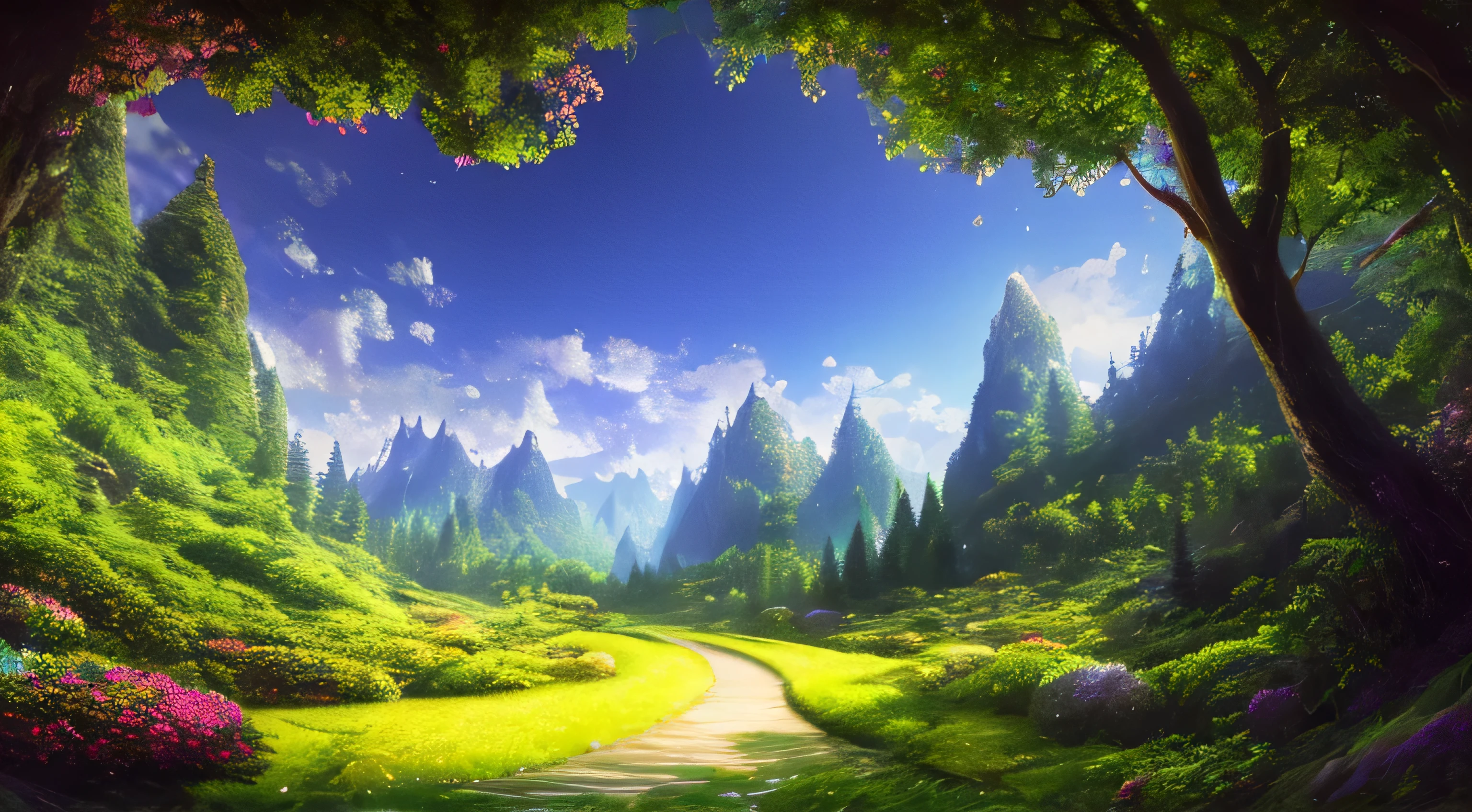 Tabletop, 最high quality, high quality, Very detailed 8k wallpaper of CG unit, Fascinating and dreamy scenes of the forest of illusions, Tall Tree々is overgrown with, Mountain landscape, waterfall, Mysterious and fascinating, Artistic Station, digital illustration, Complex, tendency, pastel colour, Oil, Award-winning photo, Written boundary depth,  flower, chromatic aberration, Realistic, Very detailed, Art Station&#39;s Tendency, cgsociety tendency, Complex, Attention to detail, dramatic, Art on the go