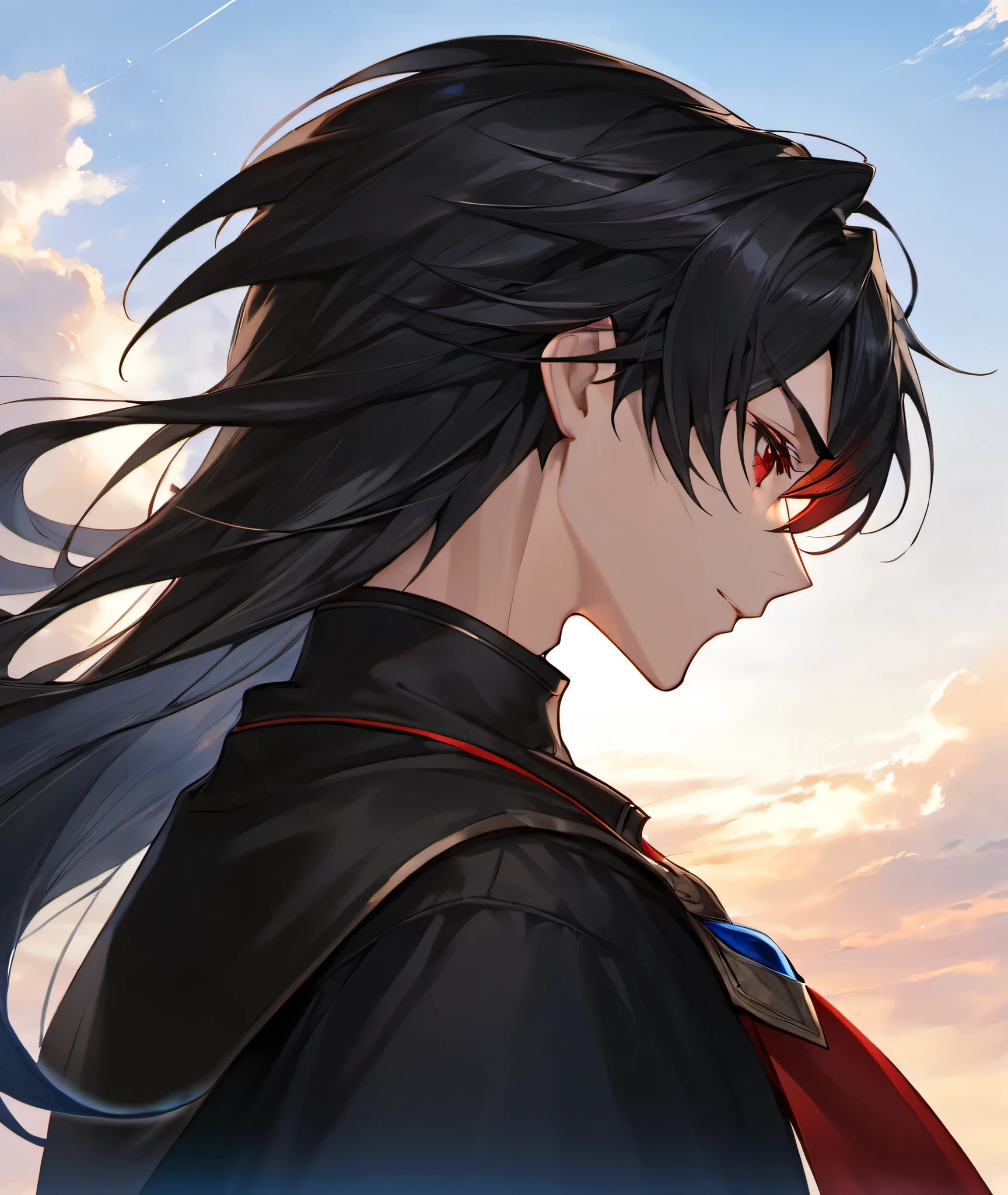 a black ??? male face profile looking towards the sky, red eyes black long hair college ???, for a game profile headshot fantasy setting final fantasy amano type inspiration