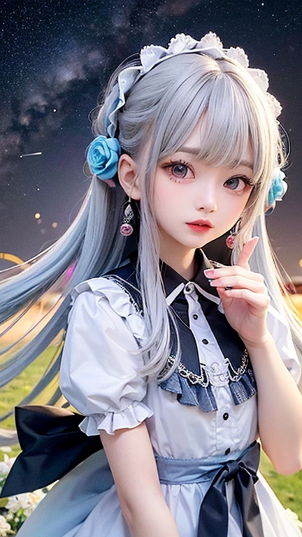 (highest quality, masterpiece), One Girl, Twin tails、stop temporarily, particle, Wind, flower, Upper Body, Simple Background, View your audience, , milky way,smile、Turquoise Eyes、(Silver long hair)、Red eyeshadow、flower柄、Sexy Lolita、Braid、Twin tails、Wind、Crescent Moon