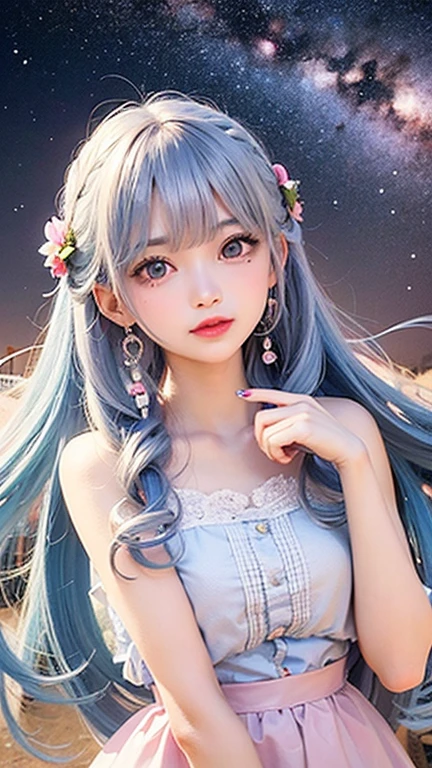 (highest quality, masterpiece), One Girl, Twin tails、stop temporarily, particle, Wind, flower, Upper Body, Simple Background, View audience, , milky way,smile、Turquoise Eyes、（Long silver and light blue hair）、Red eyeshadow、Light pink lipstick、flower柄、Pink Sexy Lolita、Braid、Cute earrings、Wind、Crescent Moon、Dynamic pose