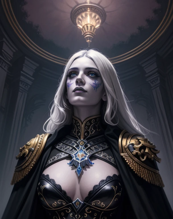 A painting of whsororitas, portait of adepta sororitas, masterpiece, 1 girl moody lighting, (sad), beautiful face, (looking up), looking to the ceiling, detailed eyes, dark iris and pupil, dark eyeliner, eyeshadow, goth makeup, white hair, candlelight, Warhammer 40k, grimdark
in the style of (Beksinski:1.3), Giger, Escher, dry brush, oil on canvas, dark fantasy art, vivid contrasts, vibrant colors, dry brush,
angel