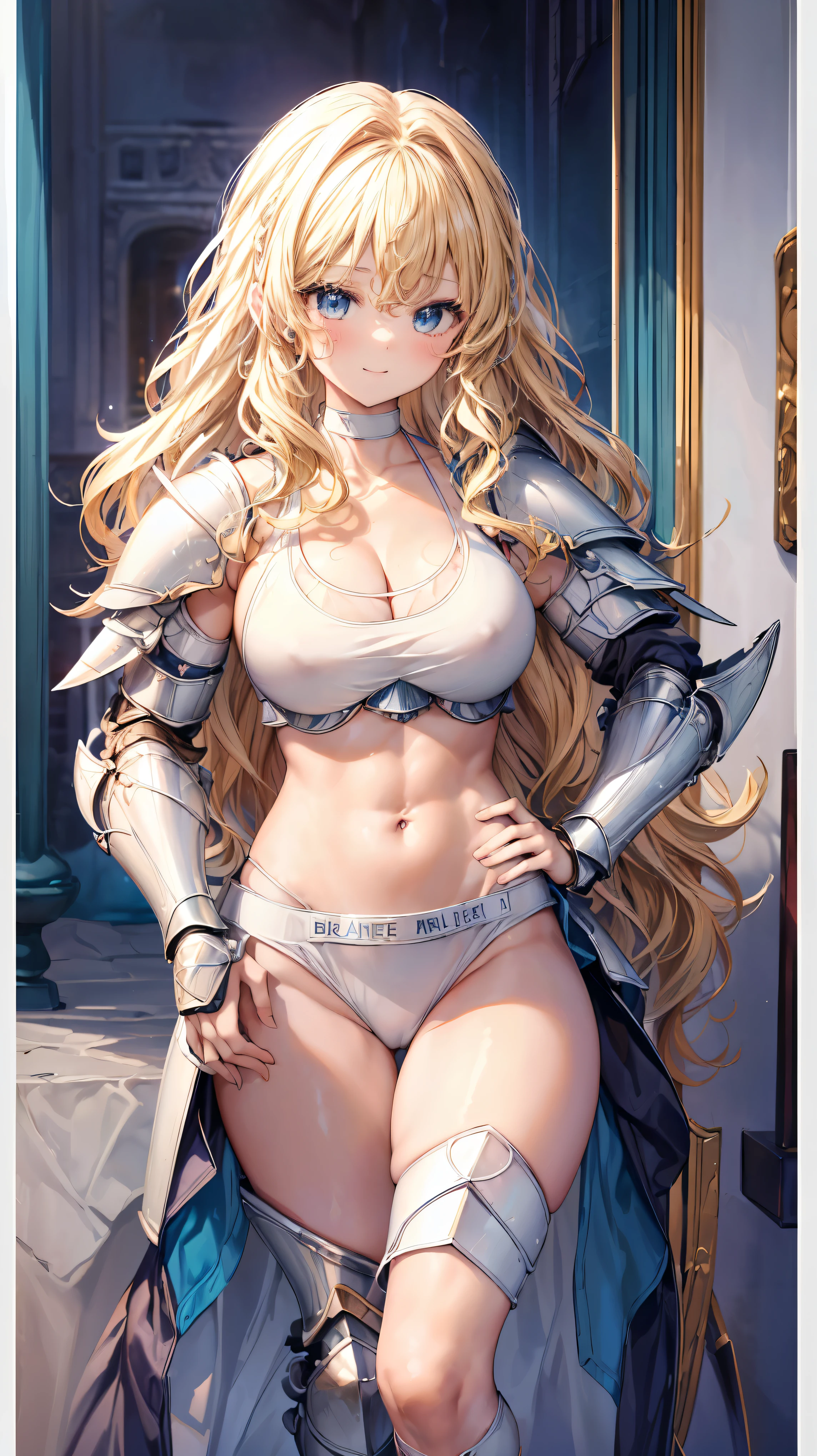 Very detailed、highest quality、Best image quality、masterpiece、8k、Anime Face、A kind smile、Open your mouth、Sparkling blue eyes、(Blonde wavy hair:1.5)、、Muscles of the whole body、Hands on hips、camisole、Thigh belt、mini skirt、(Wearing white bikini armor:1.5)、Cowboy Shot、(Leg armor:1.5)
