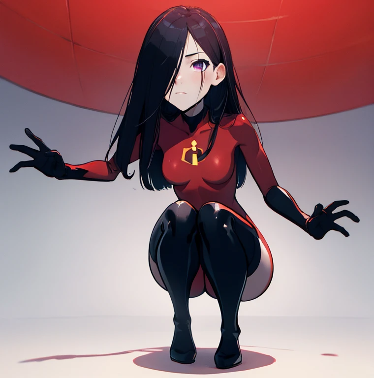 (full body),masterpiece, highest quality, One girl, Violet Par,  Long Hair, Black Hair,  Hair on one eye,  (Red hero suit)，Red bodysuit，black elbow gloves，Black Thigh Boots，Thick thighs，Place one hand on hip，Squat，Spread your legs，View your viewers, Looking down，Face to endure humiliation, Simple Background 