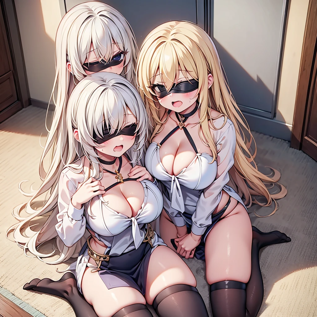 highest quality,wonderful,finely,extremely detailed CG Unity 8K wallpaper, (3 girls, clothed), (huge breasts), (wariza:1.3), (open mouth:1.1), (long tongue:1.1), (mouth drool:1.1), (black stockings:1.1),(Thighs:1.1),(Waistline:1.1),(cleavage), (black blindfold, blindfold:1.5), (from above:1.4)