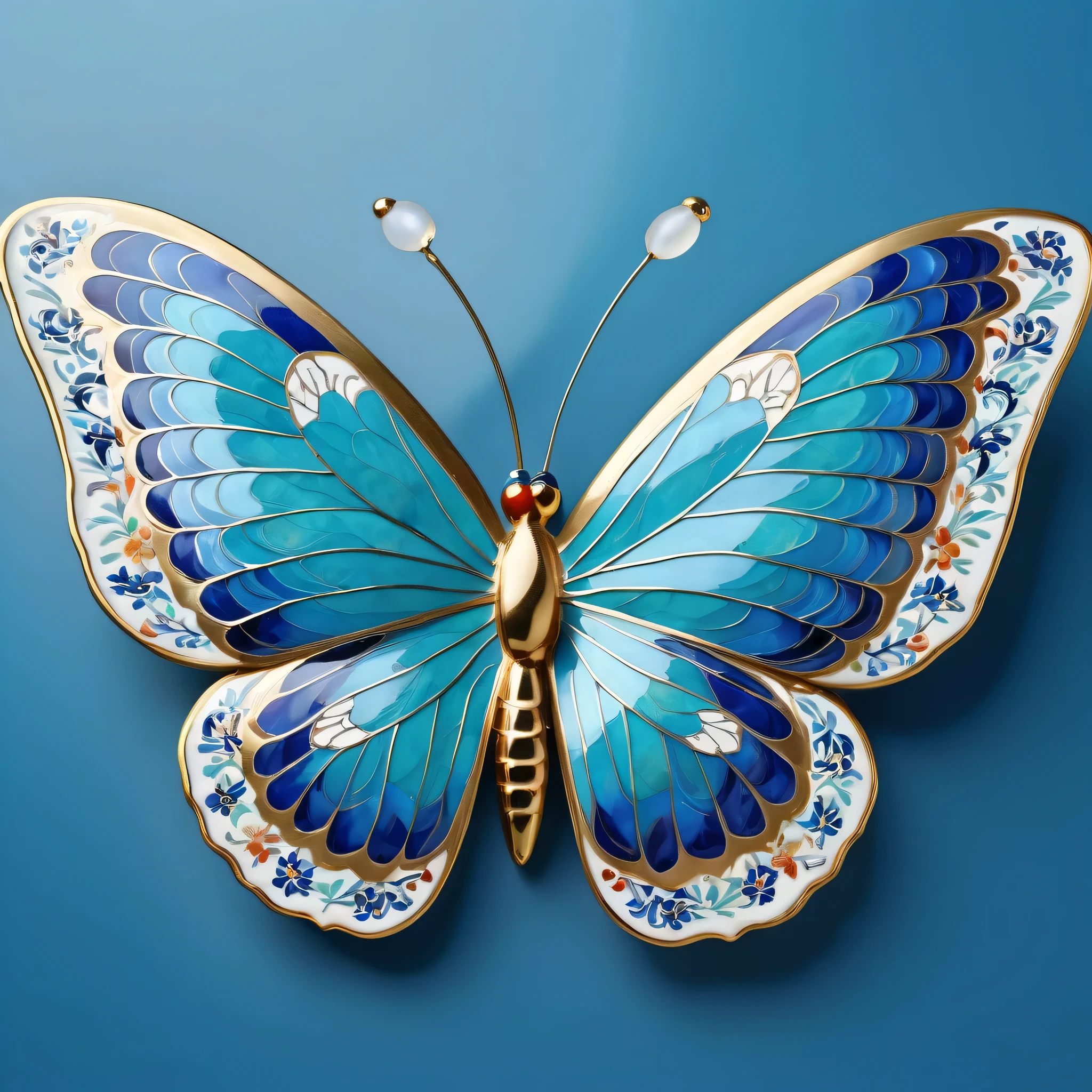 (Cloisonne ceramic butterfly, vibrant colors, intricate details),blue and white,delicate patterns,Chinese traditional art style,turquoise, delicate wings, shimmering effect, (best quality,4k,8k,highres,masterpiece:1.2),ultra-detailed,(realistic,photorealistic,photo-realistic:1.37)