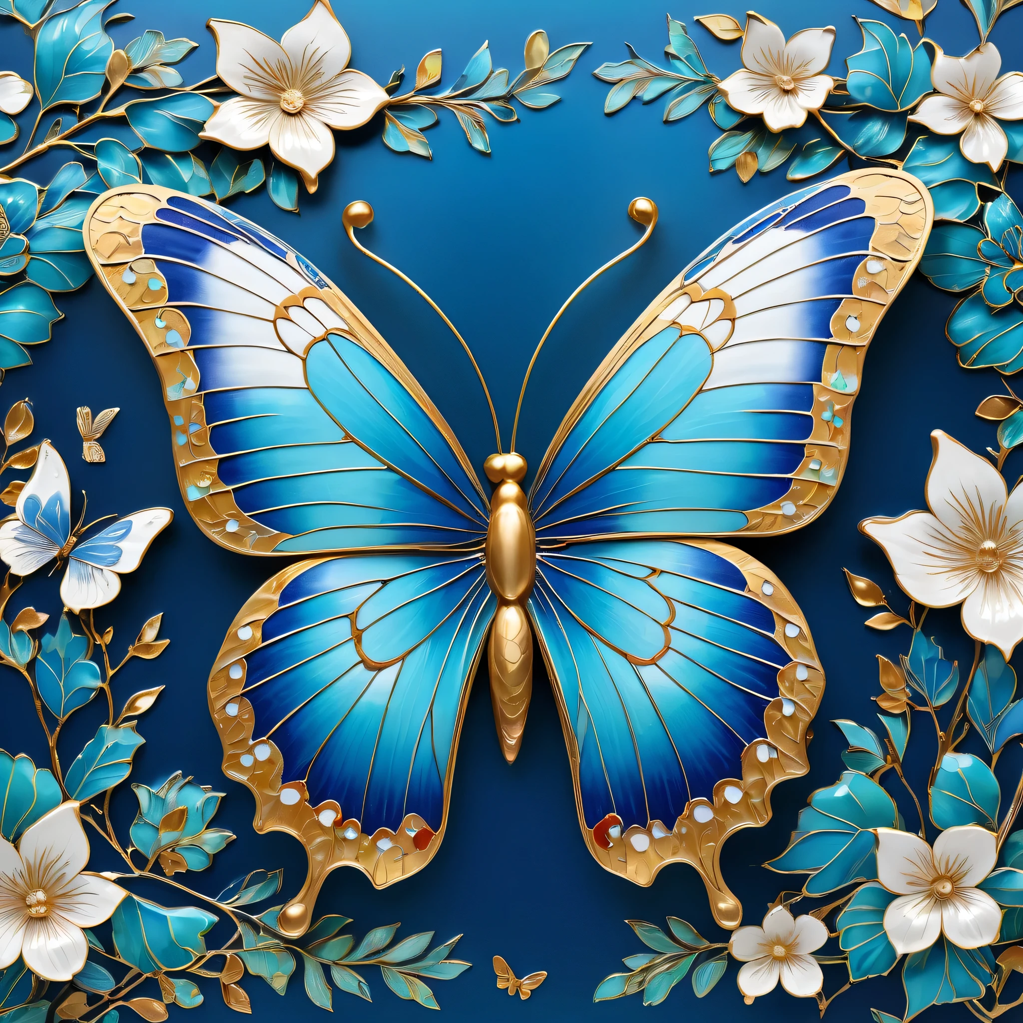 (Cloisonne ceramic butterfly, vibrant colors, intricate details),blue and white,delicate patterns,Chinese traditional art style,turquoise, delicate wings, shimmering effect, (best quality,4k,8k,highres,masterpiece:1.2),ultra-detailed,(realistic,photorealistic,photo-realistic:1.37)