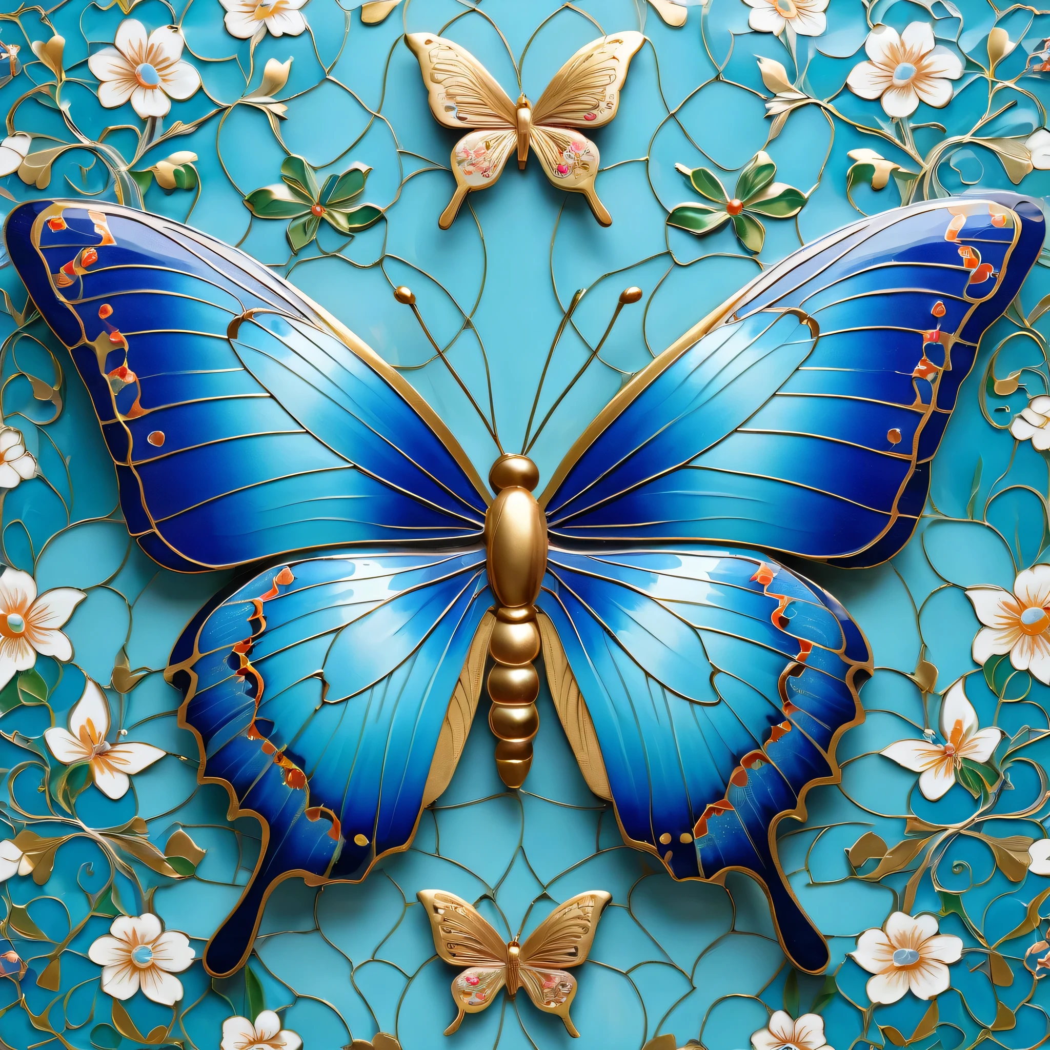 (Cloisonne ceramic butterfly, vibrant colors, intricate details),blue and white,delicate patterns,Chinese traditional art style,turquoise, delicate wings, shimmering effect, (best quality,4k,8k,highres,masterpiece:1.2),ultra-detailed,(realistic,photorealistic,photo-realistic:1.37)