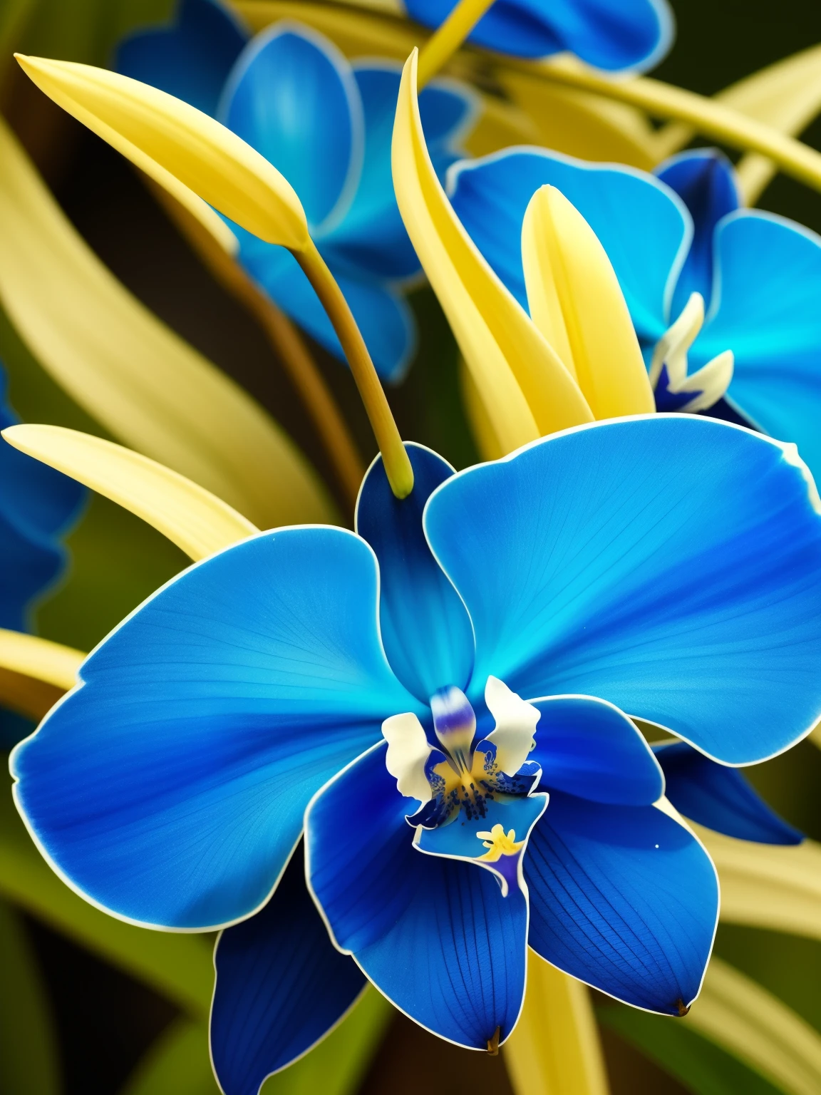 a close up of a blue flower with a budding, rich blue colors, beautiful black blue yellow, vibrant blue, beautiful detail and color, rich blue color, blues. beautiful, blue and black color scheme)), beautiful!!!!!!!!!, orchid, glowing blue, rich azure tones, vibrant but dreary blue, blue flowers, beautiful flower, an orchid flower, beautiful detail