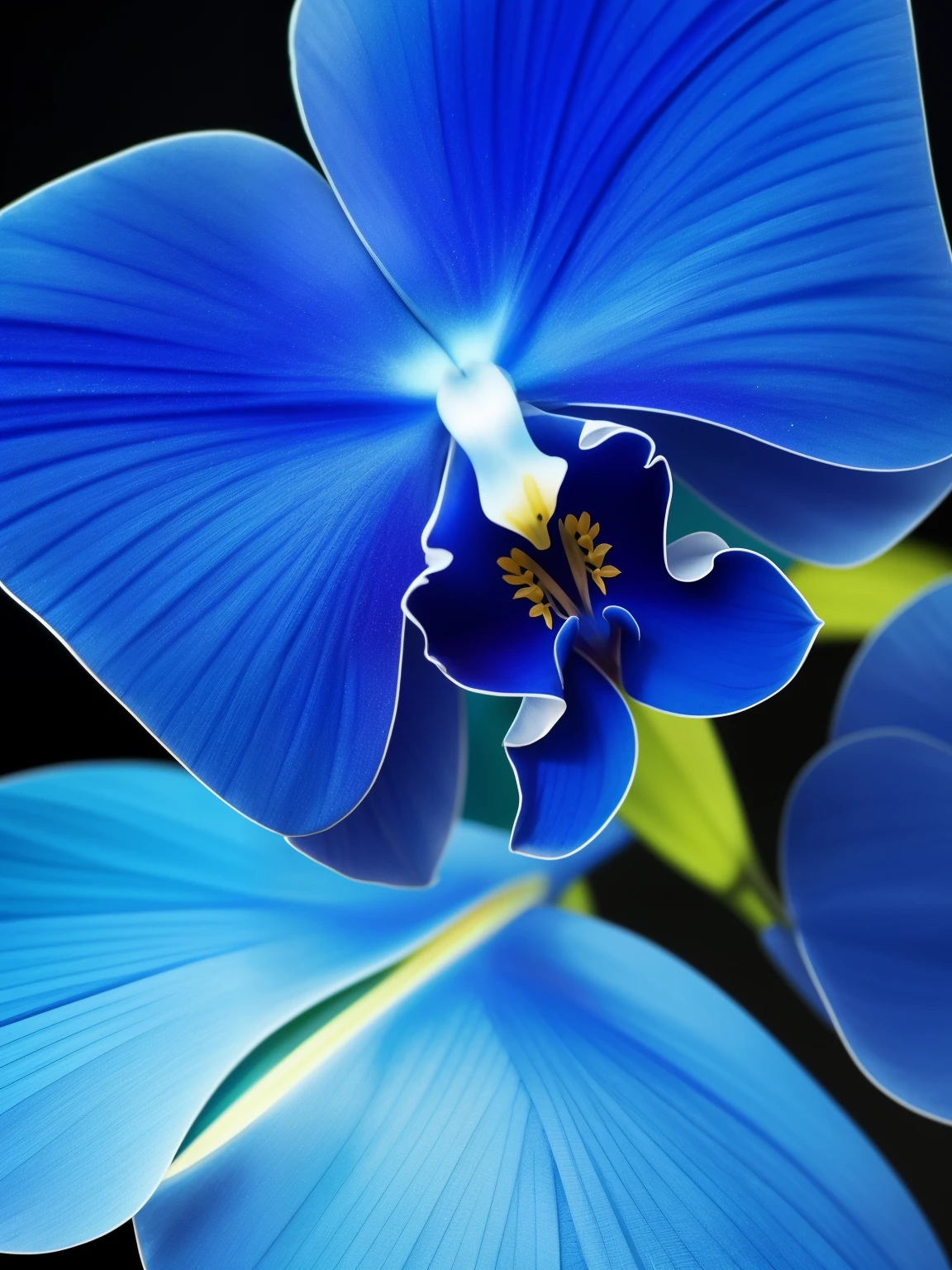 a close up of a blue flower with a budding, rich blue colors, beautiful black blue yellow, vibrant blue, beautiful detail and color, rich blue color, blues. beautiful, blue and black color scheme)), beautiful!!!!!!!!!, orchid, glowing blue, rich azure tones, vibrant but dreary blue, blue flowers, beautiful flower, an orchid flower, beautiful detail