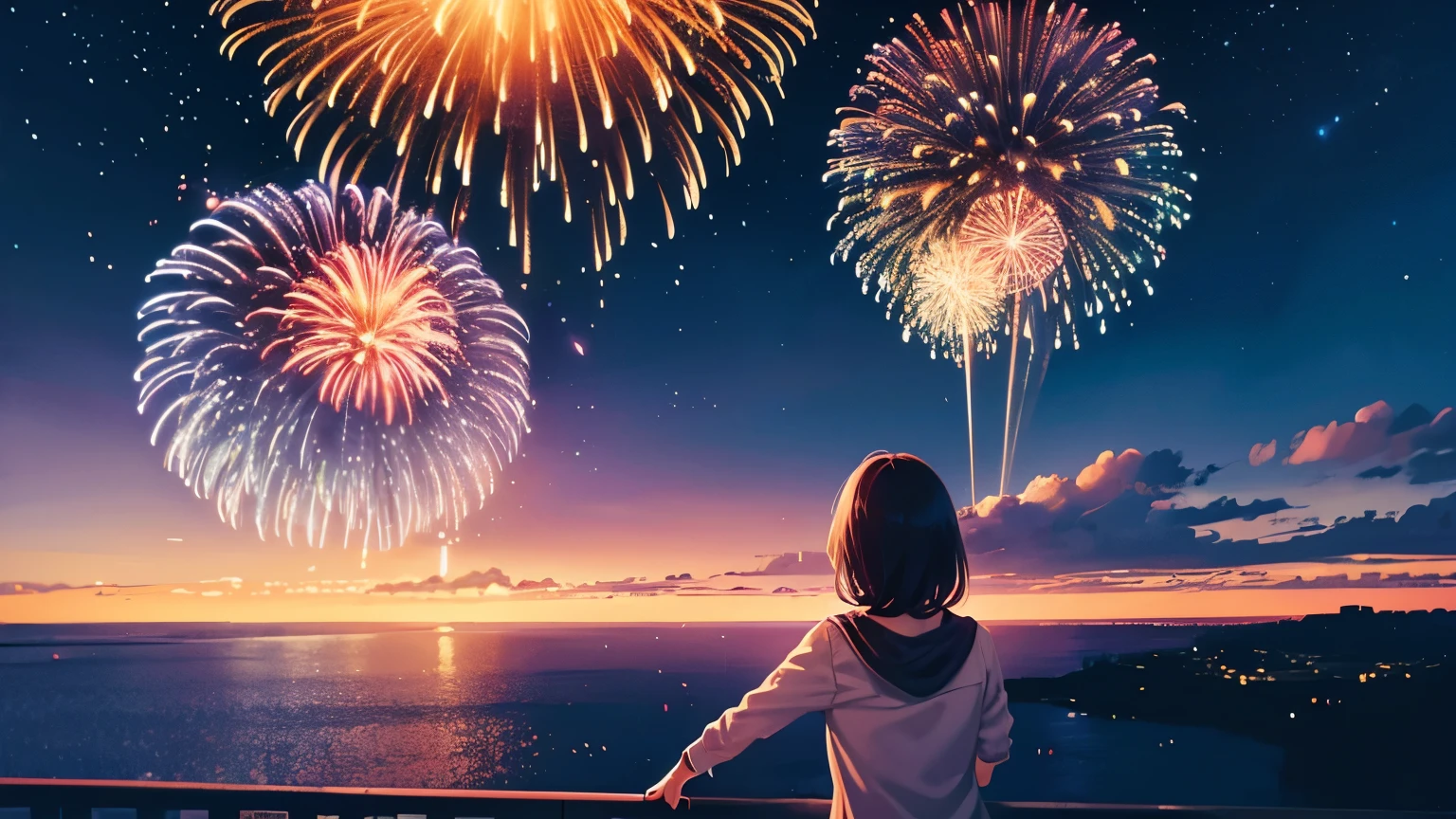 firework,Night Sky,Woman's back view,A sad scene,Eyes closed