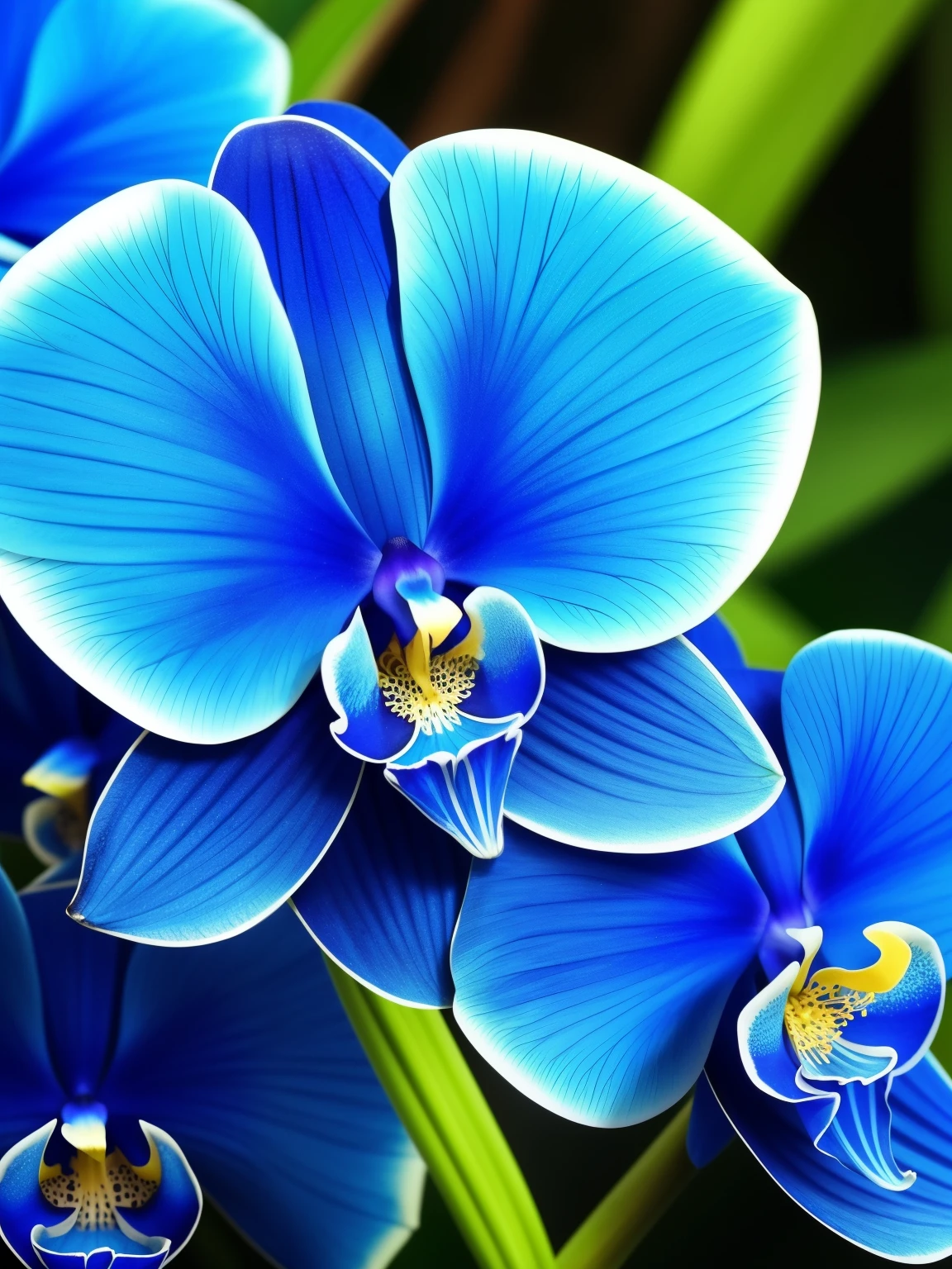 a close up of a blue flower with a budding, rich blue colors, beautiful black blue yellow, vibrant blue, beautiful detail and color, rich blue color, blues. beautiful, blue and black color scheme)), beautiful!!!!!!!!!, orchid, glowing blue, rich azure tones, vibrant but dreary blue, blue flowers, beautiful flower, an orchid flower, beautiful detail