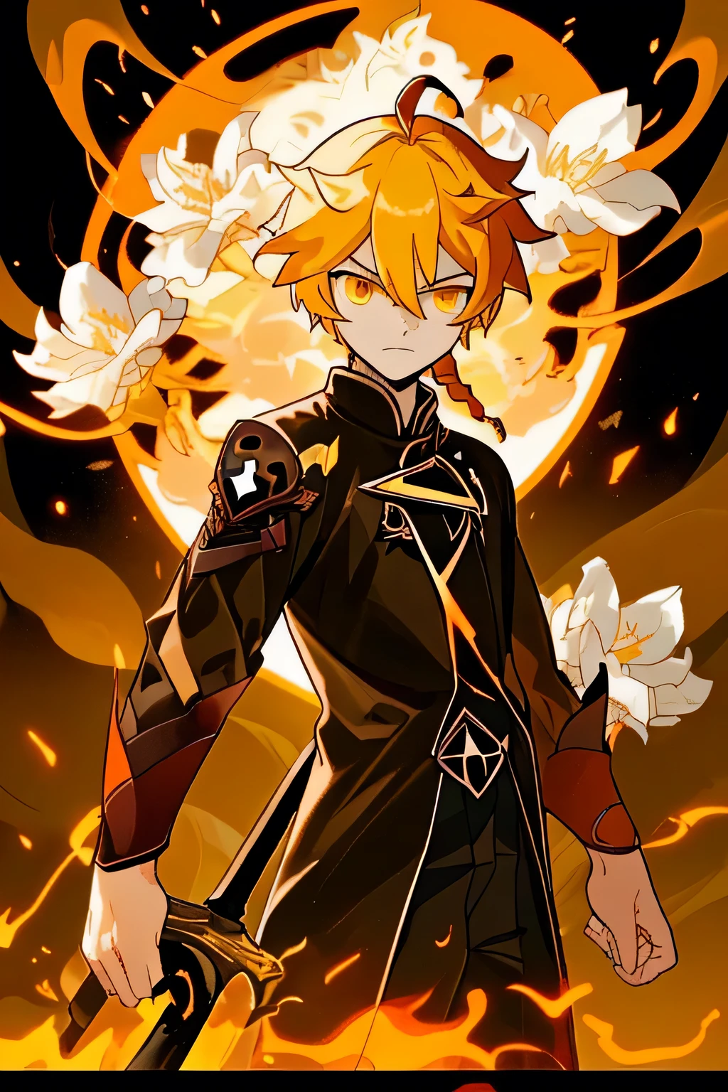 a boy, bangs, breathing fire, burning, black clothing intact, embers, ahoge, yellow hair, multicolored hair, fire, flame, flaming sword, (hand on hilt), standing, braided hair, pyrokinesis, expressionless, smoke, flower (symbol), Alone, spark of light, dark background, Twilight, white flower, Molten rock, Lily (flower), burning flower, Depth of field, Burning,
