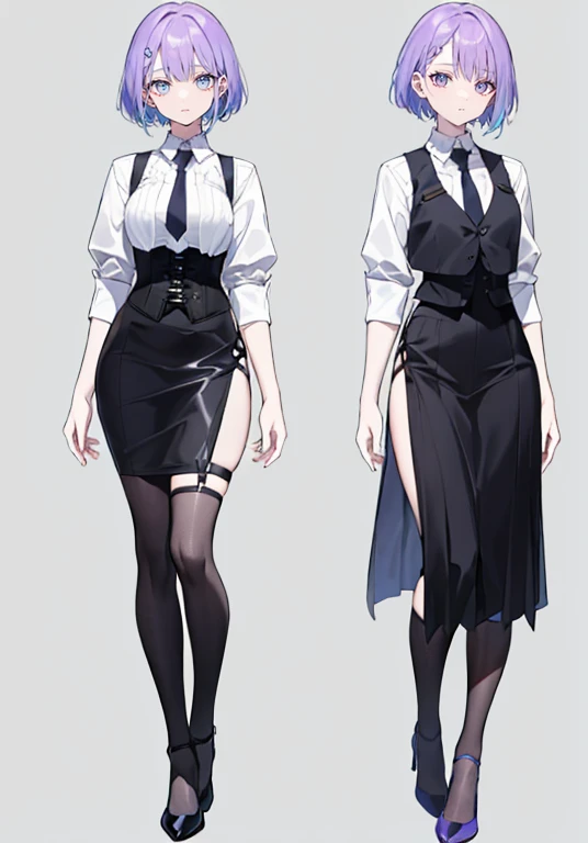((Perfect Face)),Purple Hair,Shortcuts,Adult female,bartender,((Harness)),Black vest,((Shirt with rolled up sleeves)),tie,(corset),(Tight Skirt),((slit)),(High heels),((Simple Background)),smile,((full body)),((Full Body)),Character portrait,((upright)),Both arms are lowered,