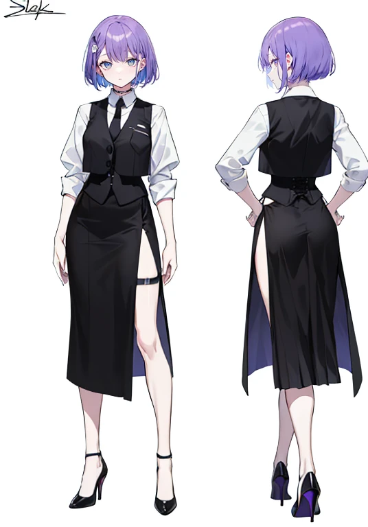 ((Perfect Face)),Purple Hair,Shortcuts,Adult female,bartender,((Harness)),Black vest,((Shirt with rolled up sleeves)),tie,(corset),(Tight Skirt),((slit)),(High heels),((Simple Background)),smile,((full body)),((Full Body)),Character portrait,((upright)),Both arms are lowered,