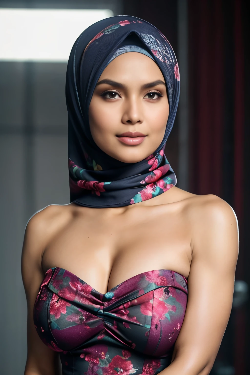 ((SHORT HIJAB)), ((Gigantic tits:1)), (dynamic photograph of a 58 year old Indonesian woman), (slim top, cotton panties), (straight non curly hair), (highly detailed face:1.4), (vascular muscles and abs:1.3), (background inside light, bright, private gym:1.1), (8k, uhd, dslr, high quality, cinematic lighting, bokeh), (dramatic, award winning photography, incredible masterpiece:1.3), (((sexy sultry stare at camera:0.8))), ((she is ready to dominate you:0.5)), ((beautiful feminine face)), add_detail:1, ((Colourful strapless floral pattern))