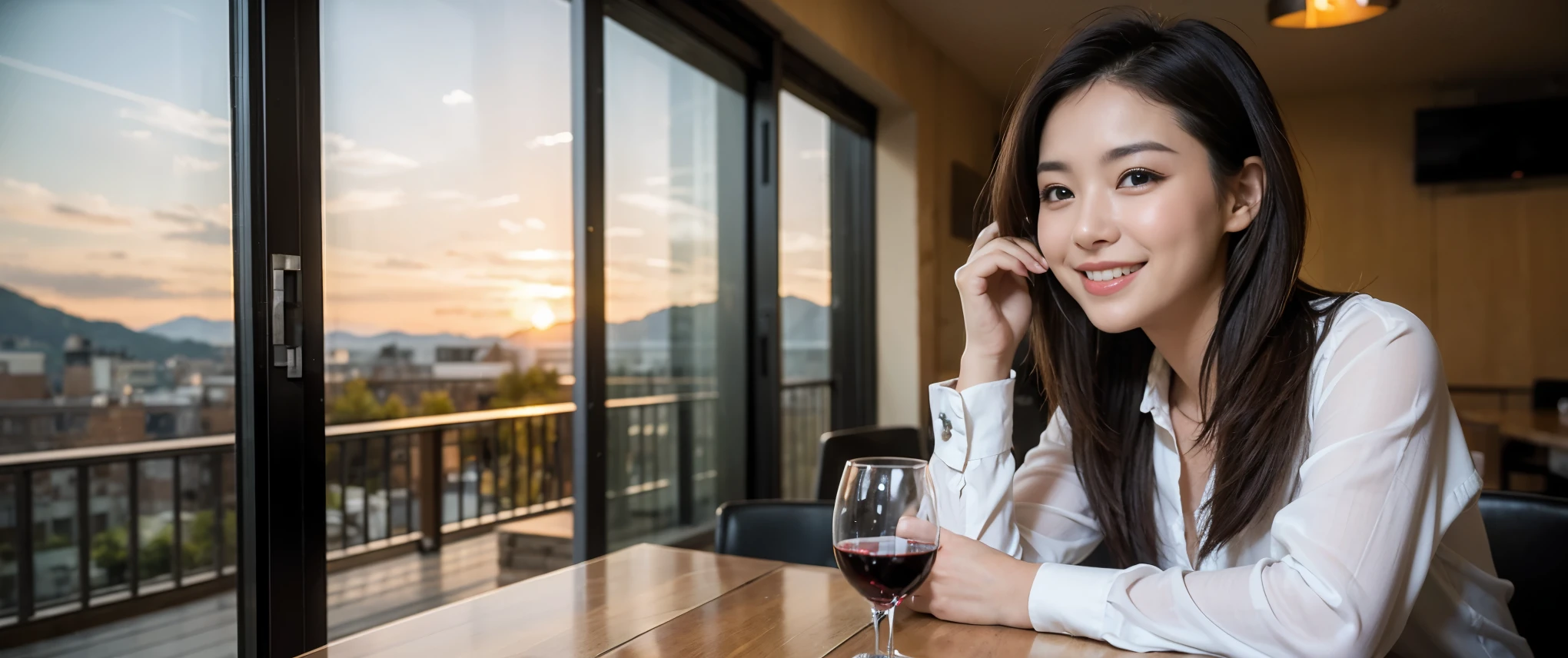 ((highest quality、8k、masterpiece:1.3))、Sharp focus:1.2、Beautiful woman perfect body:1.4、slimなボディ、((Bob Hale、Straight hair:1.2))、(to be born, highest quality, masterpiece:1.5), (Realistic, Intricate details:1.2), Ultra-high resolution, Please shine a light on my face、Amazing view of the sunset sky and clouds、Amazing mountain views、ニコニコ明るいsmile、wine glass、red wine 、Appetizers、Italian food、Wine bottle、Champagne、sparkling wine、, Beautiful Face, blue eyes, The light shines on your face, Blushing, short hair,Bright Face、Fox face、 (36 years old), 39 years old, Lady、Two beauties、Brown Hair、Shortcuts、Long sleeve shirt、dress、Pretty Woman 1, (slimな顔), (The body is slim), (Brown Hair), (Shortcuts), cheeks turn a little red,Attractive beauty、, Out of the window, A beautiful and detailed night view unfolds.........., restaurant, In a prominent place (From the waist up) Nova Frog Style, actress, model, Upper Body, White wine, slim, wine glass, 真ん中に置かれたwine glass, smile, (smile: 1.15), Beautiful fine grain, Depth f/2,saturation, High Contrast, Strong light and shadow,Moist Body:1.5、3D texture、Delicate eyes、Brown Hair、The hair is very shiny、