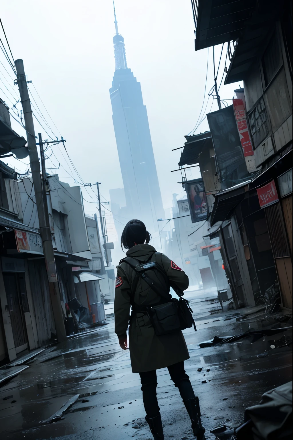 Wide angle, view from behind, a pretty girl messenger, wearing large glasses, undercut hair, wearing postal uniform, in a post-apocalyptic world