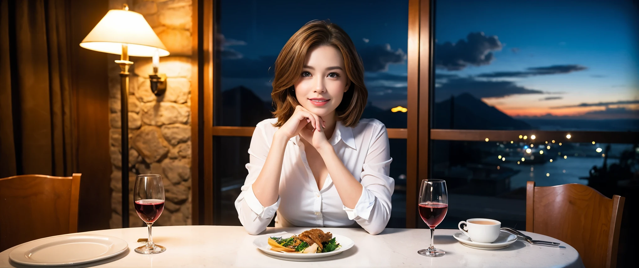 ((highest quality、8k、masterpiece:1.3))、Sharp focus:1.2、Beautiful woman perfect body:1.4、slimなボディ、((Bob Hale、Straight hair:1.2))、(to be born, highest quality, masterpiece:1.5), (Realistic, Intricate details:1.2), Ultra-high resolution, Please shine a light on my face、Amazing view of the sunset sky and clouds、Amazing mountain views、ニコニコ明るいsmile、wine glass、red wine 、Appetizers、Italian food、Wine bottle、Champagne、sparkling wine、, Beautiful Face, blue eyes, The light shines on your face, Blushing, short hair,Bright Face、Fox face、 (36 years old), 39 years old, Lady、Two beauties、Brown Hair、Shortcuts、Long sleeve shirt、dress、Pretty Woman 1, (slimな顔), (The body is slim), (Brown Hair), (Shortcuts), cheeks turn a little red,Attractive beauty、, Out of the window, A beautiful and detailed night view unfolds.........., restaurant, In a prominent place (From the waist up) Nova Frog Style, actress, model, Upper Body, White wine, slim, wine glass, 真ん中に置かれたwine glass, smile, (smile: 1.15), Beautiful fine grain, Depth f/2,saturation, High Contrast, Strong light and shadow,Moist Body:1.5、3D texture、Delicate eyes、Brown Hair、The hair is very shiny、