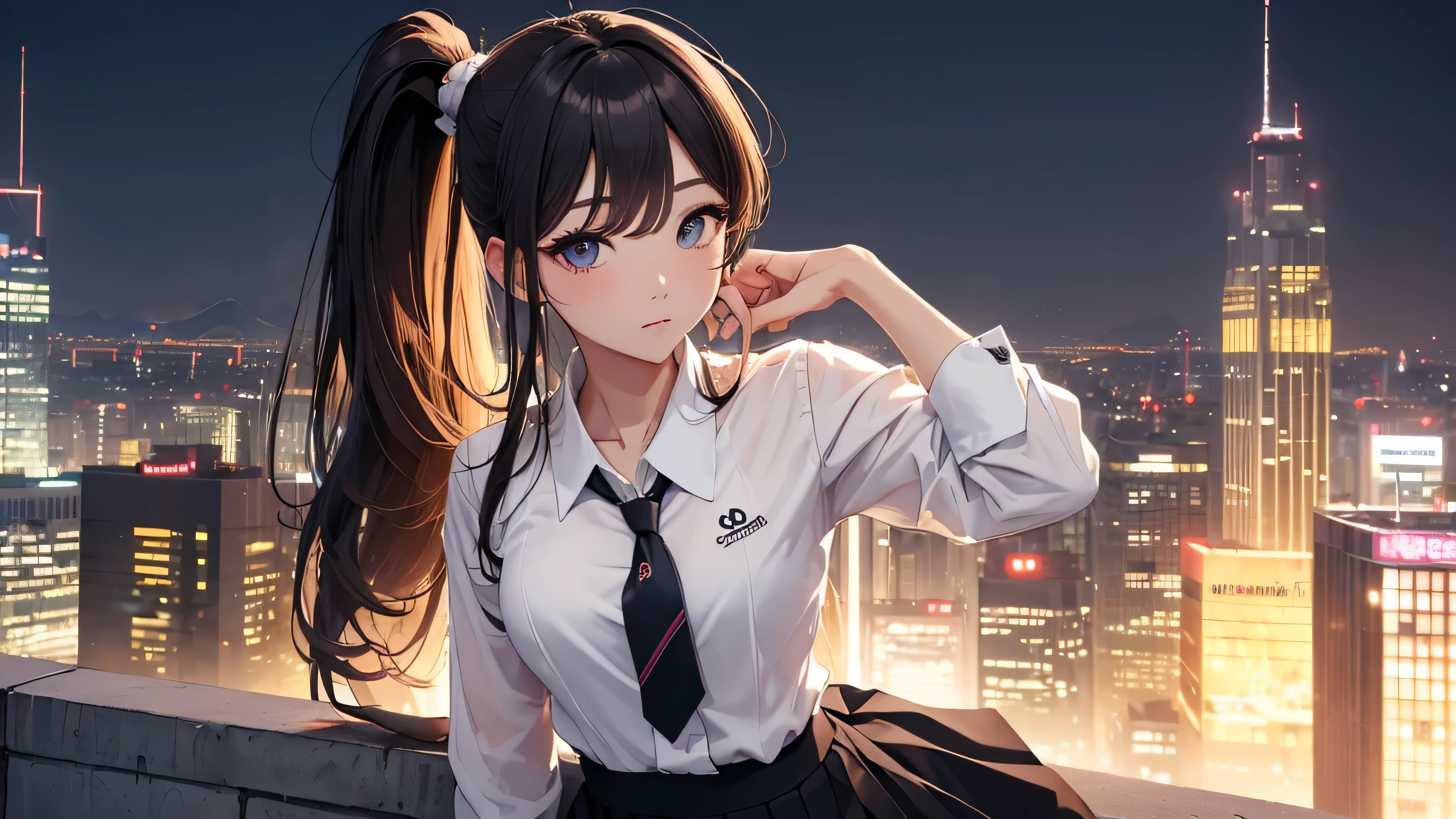 Ponytail,(((masterpiece))),(((High resolution)))、(((8K quality)))、(((perfect face)))、(((Korean idol)))、30 years old, ((shirt and tie)), ((skirt)), look at the camera, ((top quality eyes)), detailed texture, look at the camera、City at night