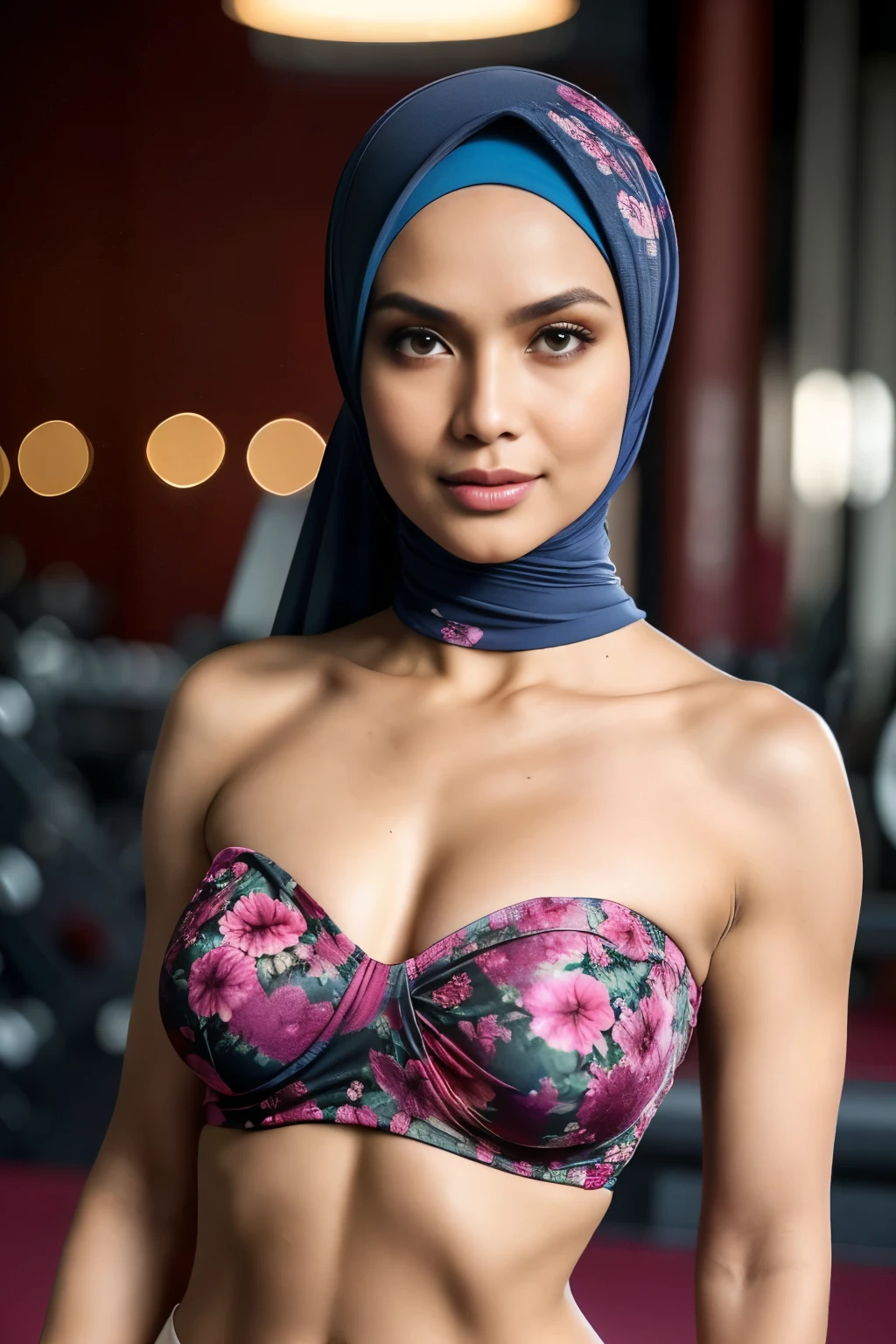 ((SHORT HIJAB)), ((Gigantic tits:1)), (dynamic photograph of a 58 year old Indonesian woman), (slim top, cotton panties), (straight non curly hair), (highly detailed face:1.4), (vascular muscles and abs:1.3), (background inside light, bright, private gym:1.1), (8k, uhd, dslr, high quality, cinematic lighting, bokeh), (dramatic, award winning photography, incredible masterpiece:1.3), (((sexy sultry stare at camera:0.8))), ((she is ready to dominate you:0.5)), ((beautiful feminine face)), add_detail:1, ((Colourful strapless floral pattern))