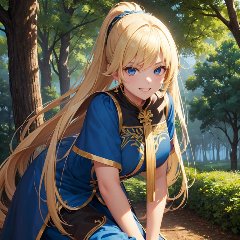 Girl,blond and straight and long hair in a ponytail, huge , blue eyes, leaning to a tree in a forrest, big smile, thight dark fighting dress with gold decorations,  very visible, half naked, age of 25