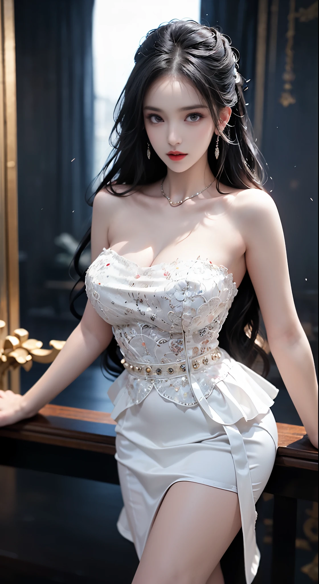 Best quality at best,tmasterpiece,photograph of-realistic,Complicated details,RAW photogr,Wearing a loose long Han suit,purpleish color,Clothing details,florals,fully body photo,Background palace,Photon rendering,rendering by octane,absurderes,ultra - detailed,详细的脸,Detailed skins,Trends on Artstation,8K masterpiece,cinmatic lighting,((1girl)),((独奏)),((looking_at_viewer)),cg society,plasticien,((beautiful woman)),(Smile),happy,fashion magazine,gigantic cleavage breasts,cleavage