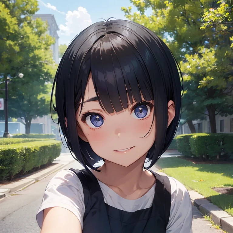 dark blue black hair,dark blue black eyes, (((1girl))),small breasts ,short stature,slim body,(mannish short cut hair:1.7),(bangs:1.3),(15 years old),break,,break,beautiful background, (in forest park),side view, perfect lighting,half lips,smile,(full body:0.95),(thick eyebrows:1.2),(full-face blush:0.5),(vulgarity:1.0),(fucked silly:1.1), (embarrassed:1.1),cute,(((((close up))))),(((selfie))),(light smile:0.8),
