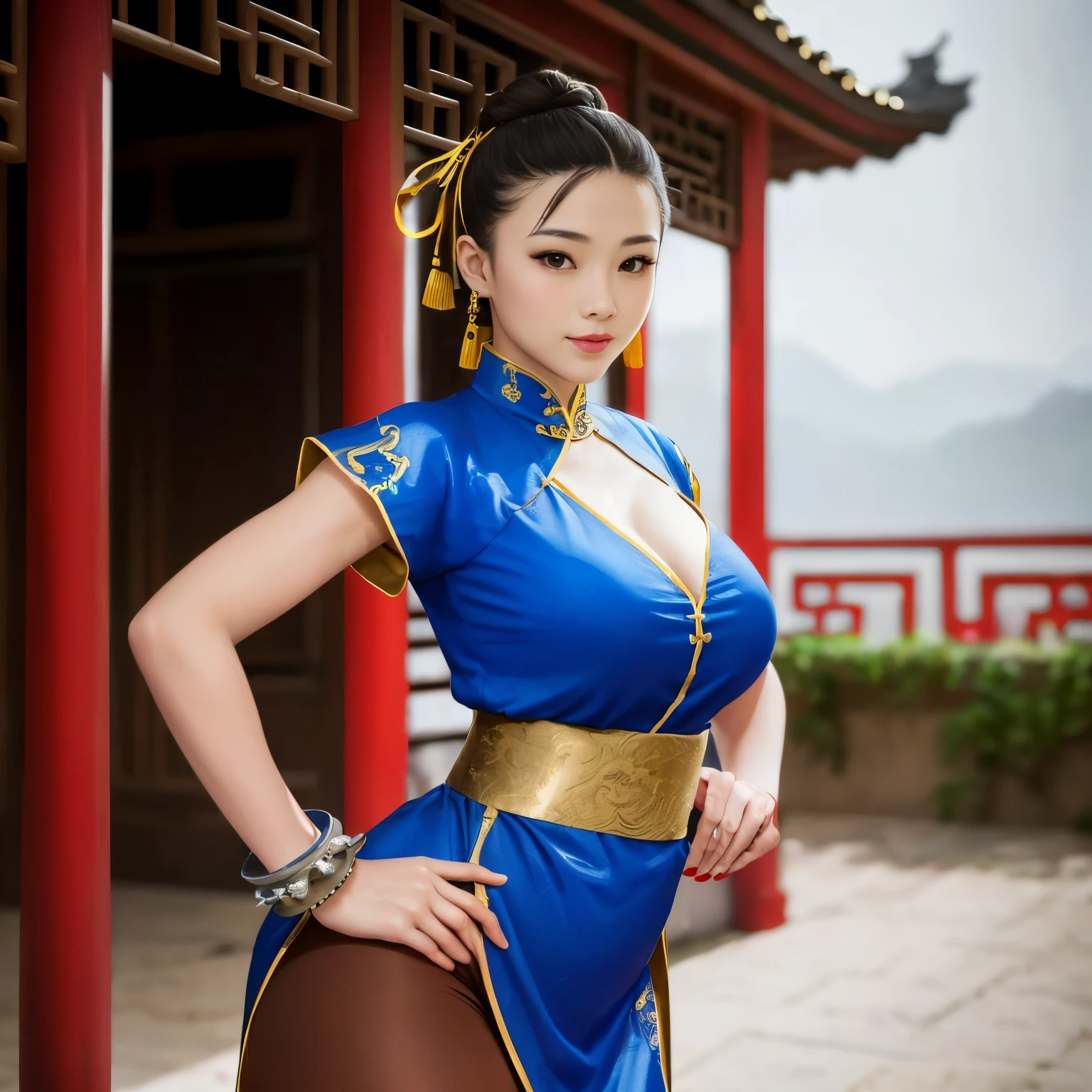 1girl, Chun li, cute smiling, huge eyes, (curvy, thick form, small breasts, round ass, (short sized torso), medium mouth, very thick lips, almond-shaped eyes, chestnut hair, Gorgeous body, Beautiful large head and very symmetrical face, Very detailed and intricate environment, Very detailed and lewd clothing, street fighter, brown eyes, blue dress, ((pelvic curtain), (brown pantyhose), china dress), white cross-laced boots, bracelet, gold trim, jewelry, puffy sleeves, sash, short sleeves, side slit, spiked bracelet, spikes, double covered buns, hair accessories, Anime realism, glamour portrait, cleavage, tempting the viewer, large naughty nose, tan skin, (revealing outfits:0.1), in a old chinese house.