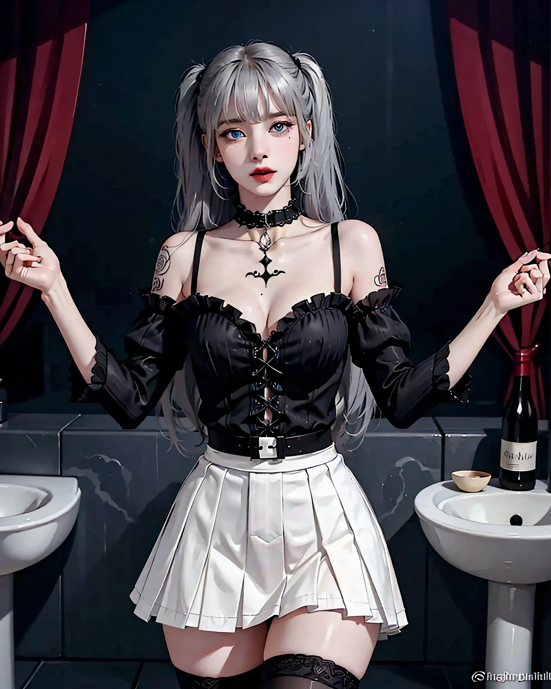 Hard Dark Gothic Makeup、my sanity、deep night sky、Horror、Dark Gothicメイク、Expression of intense sexual pleasure、(Embarrassed look), Dark Gothic、Obscene language、highest quality、Expression of sexual pleasure in suffering、Drunk face、Purple maid outfit、A face that is holding back the toilet、Super sexy、Twin tail hair、(jet black ruffle skirt)、blue eyes, Super bewitching pose、Heavy makeup、Silver Hair、Long Hair Straight Hair、elegant features、Fascinating face、Knee-high socks、Chest glistening with sweat、The room is dark、goth long dress、Bell Sleeves、Wizard Sleeve、decadent look、Sexually excited expression、Gothic Mode、Knee-high socks、Gentle expression、masturbation behavior、Dark black eyeshadow、despicable act、Wearing black underwear、black metal world、Dark Castle、Dark Room、(My thighs are sweaty)、Slender body、Thin legs、(((He has many tattoos all over his body)), (((Tight waist))), ((Big Breasts)),(See-through)