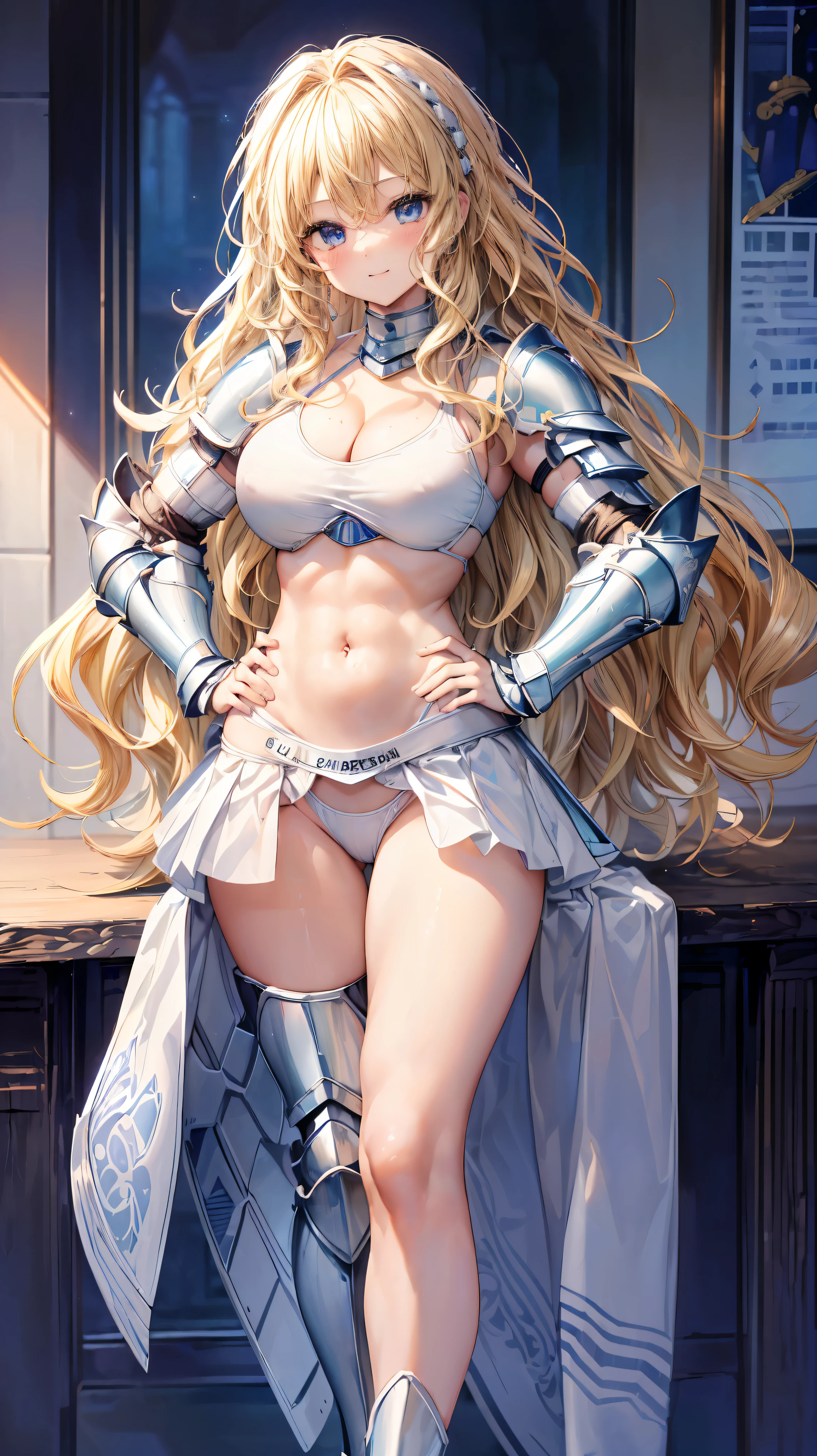 Very detailed、highest quality、Best image quality、masterpiece、8k、Anime Face、A kind smile、Open your mouth、Sparkling blue eyes、(Blonde wavy hair:1.5)、、Muscles of the whole body、Hands on hips、camisole、Thigh belt、mini skirt、(Wearing white bikini armor:1.5)、Cowboy Shot、(Leg armor:1.5)