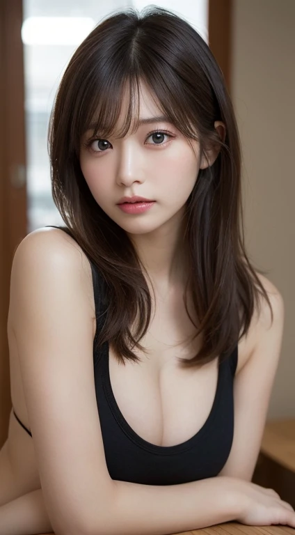 Tabletop, 最high quality, figure, Very detailed, In detail, High resolution, 8k wallpaper, Perfect dynamic composition, Natural Lip, Tank top, Big Breasts, Cleavage, whole body, Belly button, Random sexy poses、high quality, Face Focus, Soft Light, 超High resolution, (Realistic:1.4), RAW Photos, 1 Japanese girl, alone, cute, (pupil, Light in your eyes), Beautiful face in every detail, (Small box),(人間の肌の質感のHigh resolutionの詳細), (Long Hair), indoor, Brown haired gal