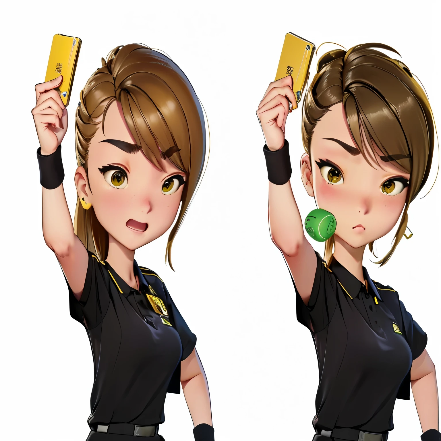 （,Football Referee、whistle）、(Holding yellow card in hand)、（吹whistle)、从嘴里吹出的whistle、Serious and focused expression、、Professional clothing、Confident posture、Firm facial features、坚定地握住whistle、Referee&#39;s hand gesture、清晰响亮的whistle声、The referee signals a foul、Best quality、4k、high resolution、Ultra Detail、White background
