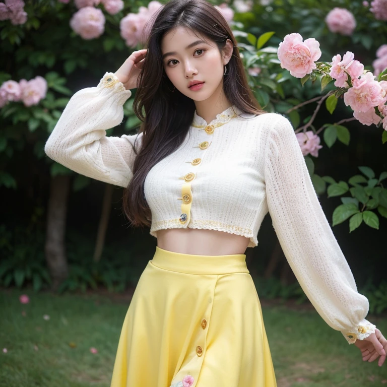(masterpiece, best quality, high resolution:1.2), (photorealistic:1.2), (intricate and beautiful:1.2), (detailed light:1.2), (soft lighting), (colorful, dynamic angle), upper body shot, fashion photography, 1girl, beautiful young girl, perfect face, long hair, perfect body, confident and alluring pose, exuding sensuality and charm, ultra detailed, photo realistic, hyper realism, realistic, standing, flowers surrounding background, (((wearing acmmsayarma outfit, acmmsayarma white pint with pink flower top with buttons, long sleeves, ((acmmsayarma yellow long skirt))), Burmese girl.