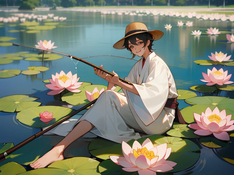 Perfect face，High nose bridge，Oval face，Handsome，，Lotus blossoms full of lotus flowers, 坐在莲蓬叶上fishing, huge lotus leaf, Smile,barefoot, Wearing Hanfu, Light and Shadow, masterpiece，fishing rod，fishing，fishing rod，Bubble Pool，Pink flowers，ceramic tile，floor，holding flower。