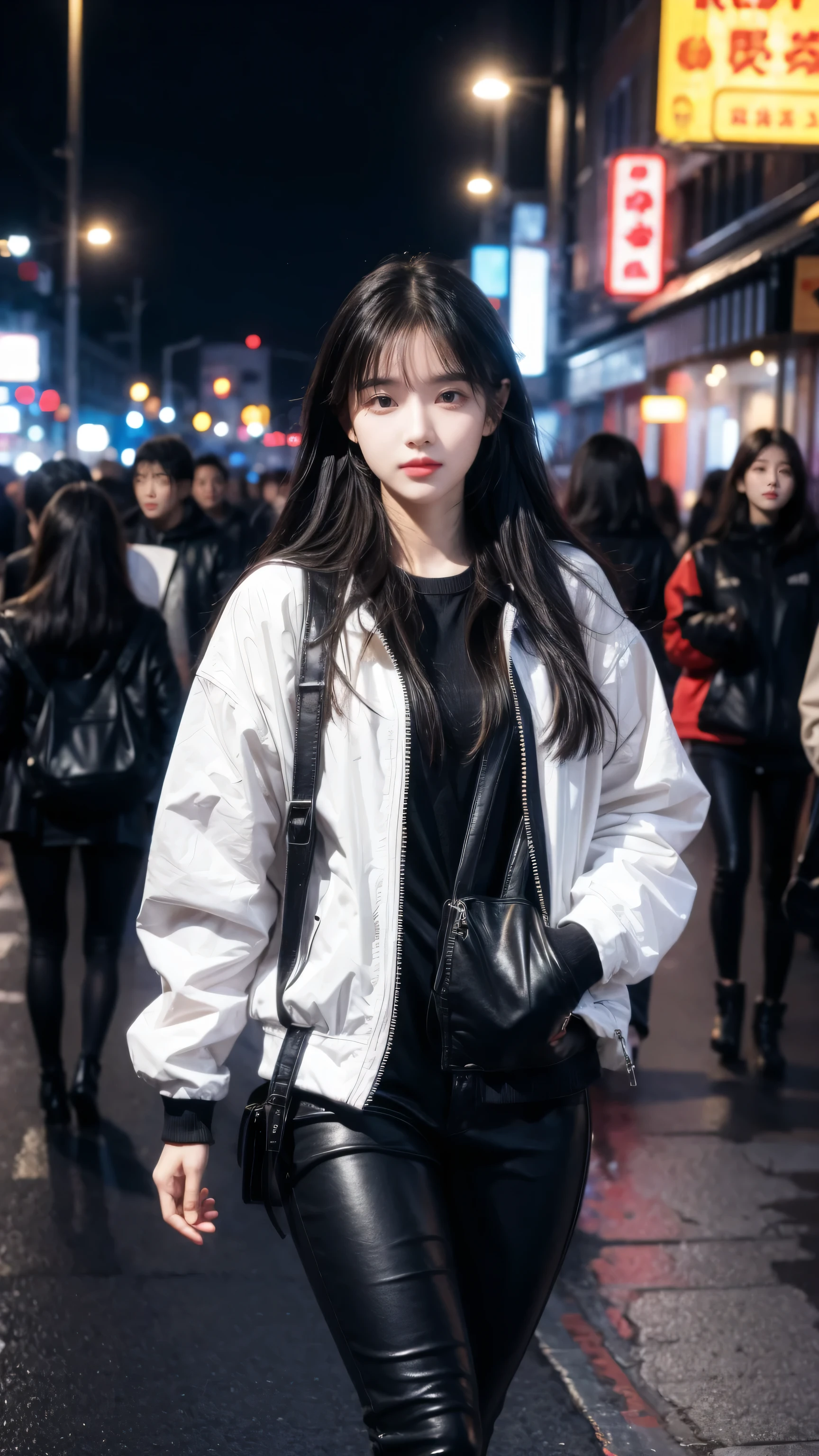 night, lights on, street, transportation, crowd, Long-haired girl walking alone