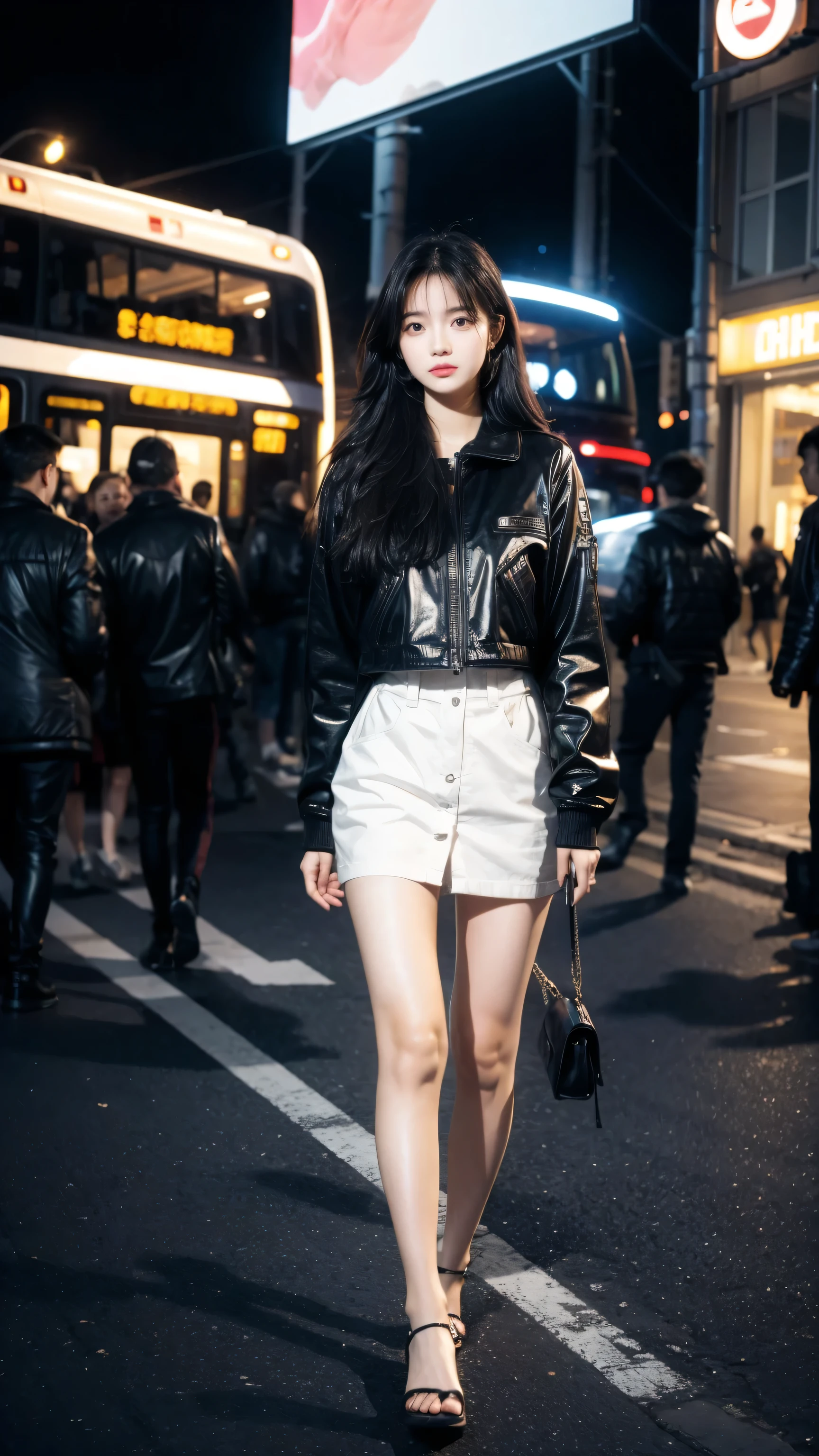 night, lights on, street, transportation, crowd, Long-haired girl walking alone
