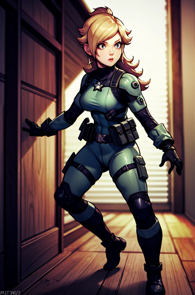 rosalina reimagined as a female solide snake frome metal gear solid, full body, action pose, on infiltration scene, tactical gear,