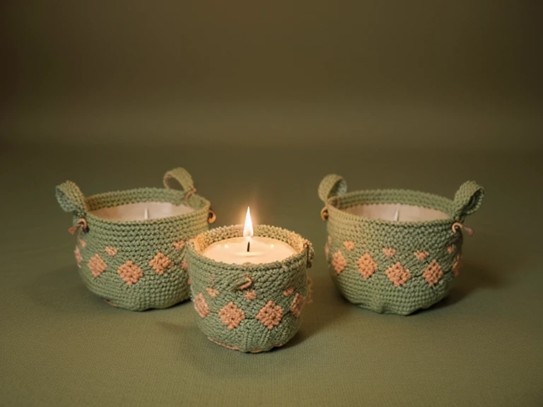 Candle image (crocheted baskets) on a light green background, with an orange tint .candle color orange