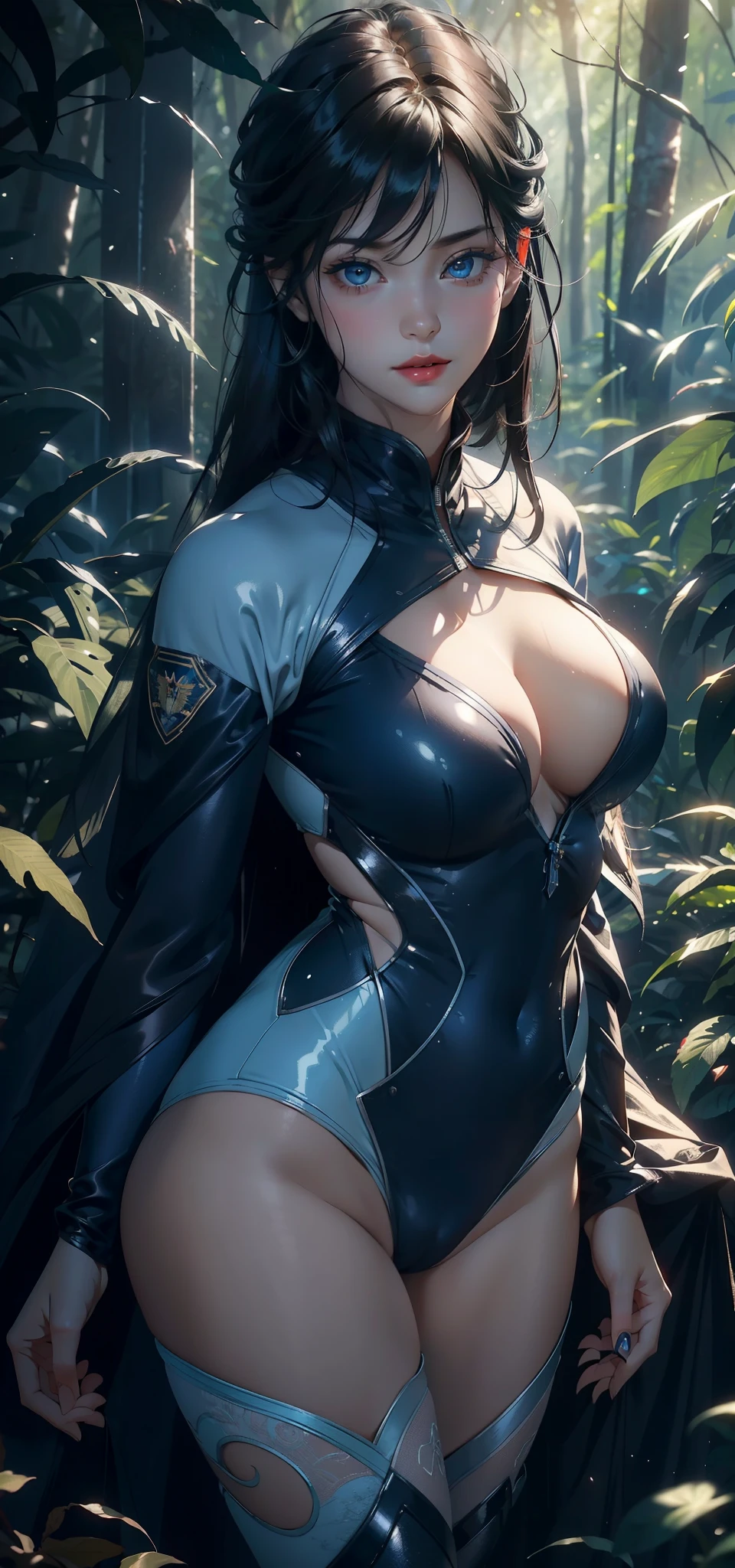1 female,(background:In the woods,Rainforest,In the summer,Strong wind) She has short black hair,Bangs,Straight Hair,Red lips,stand up,Front view, OK, Gloomy sky,(((masterpiece),(Highly detailed CG Unity 8k wallpaper),最OK质量,Light,详细background,Beautiful blue eyes,(Very delicate and beautiful),(Beautiful and detailed description of the eyes),Super detailed,masterpiece,)),face camera,high resolution,Super detailed),Exposing breasts,Exposing genitals, Convex,Camel toe,Sexy bulge,us airforce(wear:Flight suit)