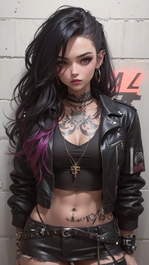Beautiful girl , punk style long black hair, slim fit body , crop top mini skirt, slim waist, rosy lips , black eyes, tattooed body