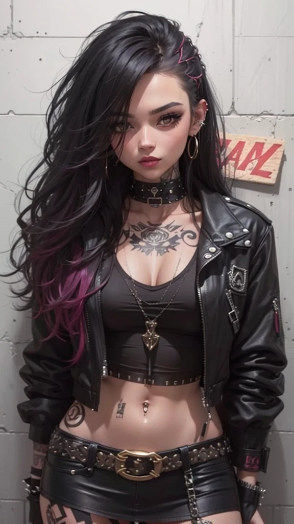  Beautiful girl ,  punk style long black hair, slim fit body , crop top   mini skirt, slim waist, rosy lips , black eyes, tattooed body