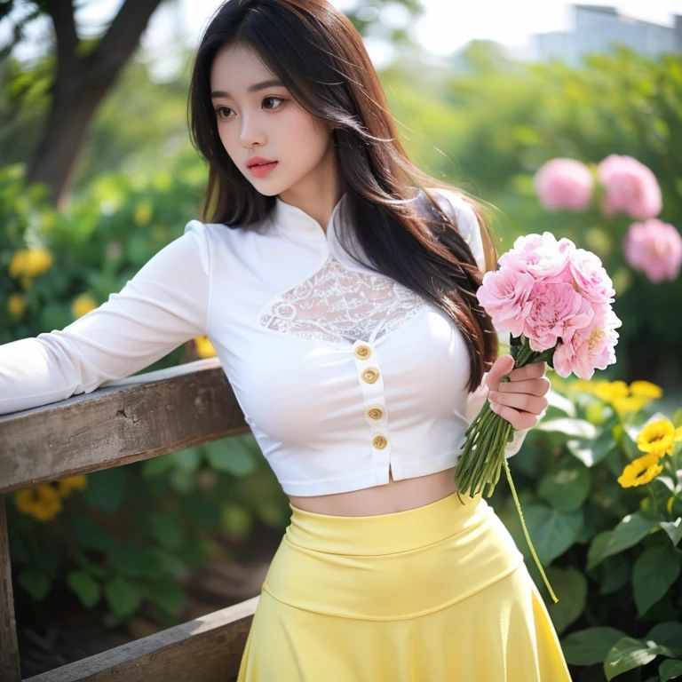 (masterpiece, best quality, high resolution:1.2), (photorealistic:1.2), (intricate and beautiful:1.2), (detailed light:1.2), (soft lighting), (colorful, dynamic angle), upper body shot, fashion photography, 1girl, beautiful young girl, perfect face, long hair, perfect body, confident and alluring pose, exuding sensuality and charm, ultra detailed, photo realistic, hyper realism, realistic, standing, flowers surrounding background, (((wearing acmmsayarma outfit, acmmsayarma white pint with pink flower top with buttons, long sleeves, ((acmmsayarma yellow tight long skirt))), Burmese girl.