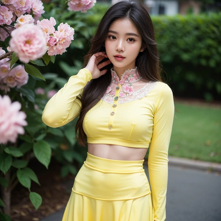 (masterpiece, best quality, high resolution:1.2), (photorealistic:1.2), (intricate and beautiful:1.2), (detailed light:1.2), (soft lighting), (colorful, dynamic angle), upper body shot, fashion photography, 1girl, beautiful young girl, perfect face, long hair, perfect body, confident and alluring pose, exuding sensuality and charm, ultra detailed, photo realistic, hyper realism, realistic, standing, flowers surrounding background, (((wearing acmmsayarma outfit, acmmsayarma white pint with pink flower top with buttons, long sleeves, ((acmmsayarma yellow tight long skirt))), Burmese girl.