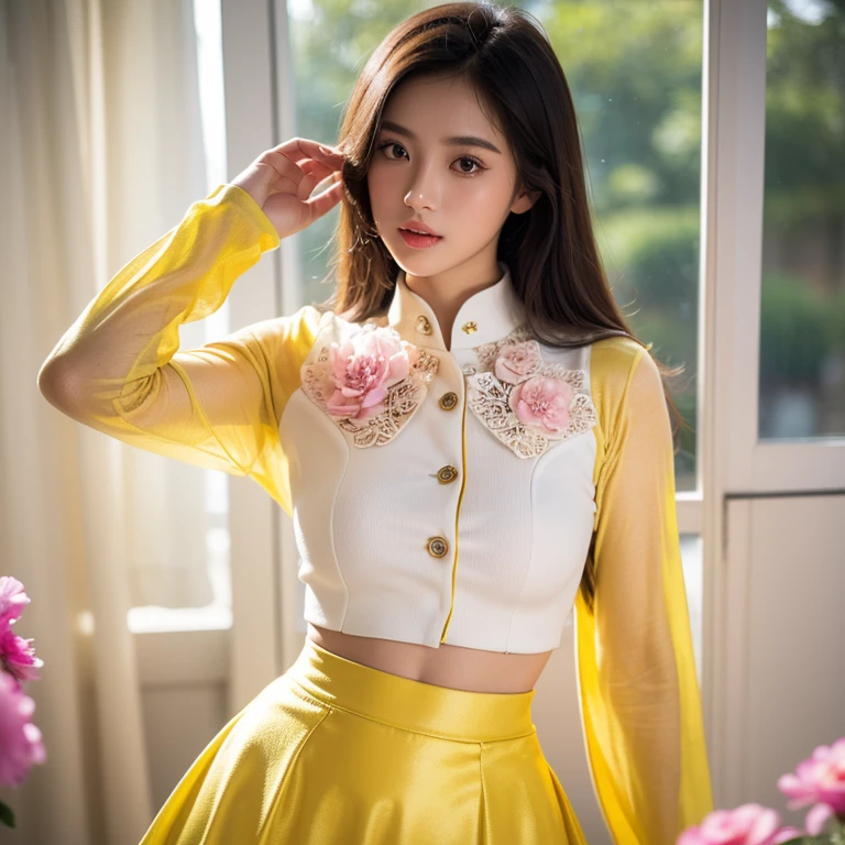 (masterpiece, best quality, high resolution:1.2), (photorealistic:1.2), (intricate and beautiful:1.2), (detailed light:1.2), (soft lighting), (colorful, dynamic angle), upper body shot, fashion photography, 1girl, beautiful young girl, perfect face, long hair, perfect body, confident and alluring pose, exuding sensuality and charm, ultra detailed, photo realistic, hyper realism, realistic, standing, flowers surrounding background, (((wearing acmmsayarma outfit, acmmsayarma white pint with pink flower top with buttons, long sleeves, ((acmmsayarma yellow tight long skirt))), Burmese girl.