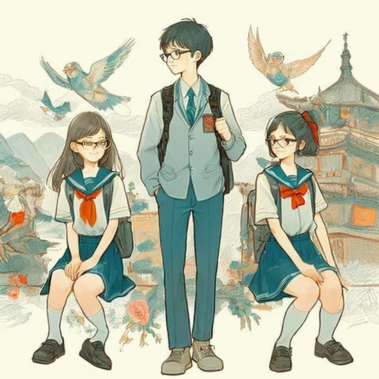 Draw the boy in the middle with a straight face,Remove glasses