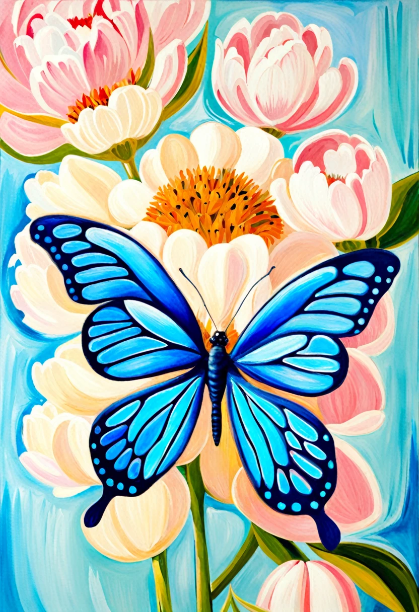 BLUE butterfly  on peonie ((Edvard-Munch style)), ((oil painting)), Bright color, ((tmasterpiece)), Impression, Extreme Detail, perspective, 8K