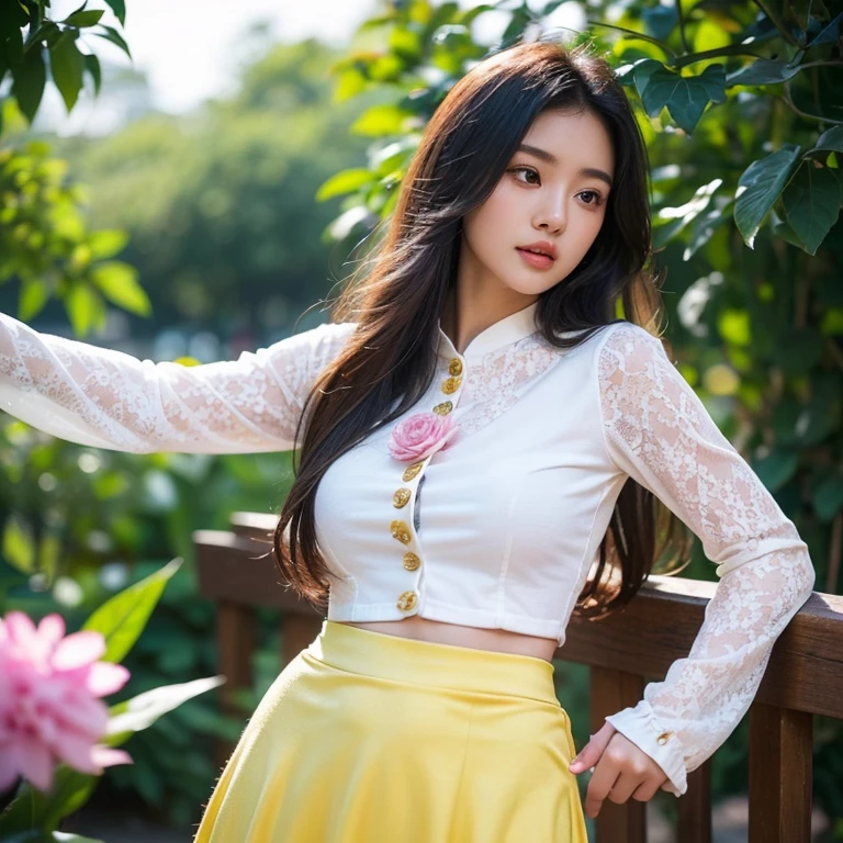 (masterpiece, best quality, high resolution:1.2), (photorealistic:1.2), (intricate and beautiful:1.2), (detailed light:1.2), (soft lighting), (colorful, dynamic angle), upper body shot, fashion photography, 1girl, beautiful young girl, perfect face, long hair, perfect body, confident and alluring pose, exuding sensuality and charm, ultra detailed, photo realistic, hyper realism, realistic, standing, flowers surrounding background, (((wearing acmmsayarma outfit, acmmsayarma white pint with pink flower top with buttons, long sleeves, ((acmmsayarma yellow tight long skirt))), Burmese girl.